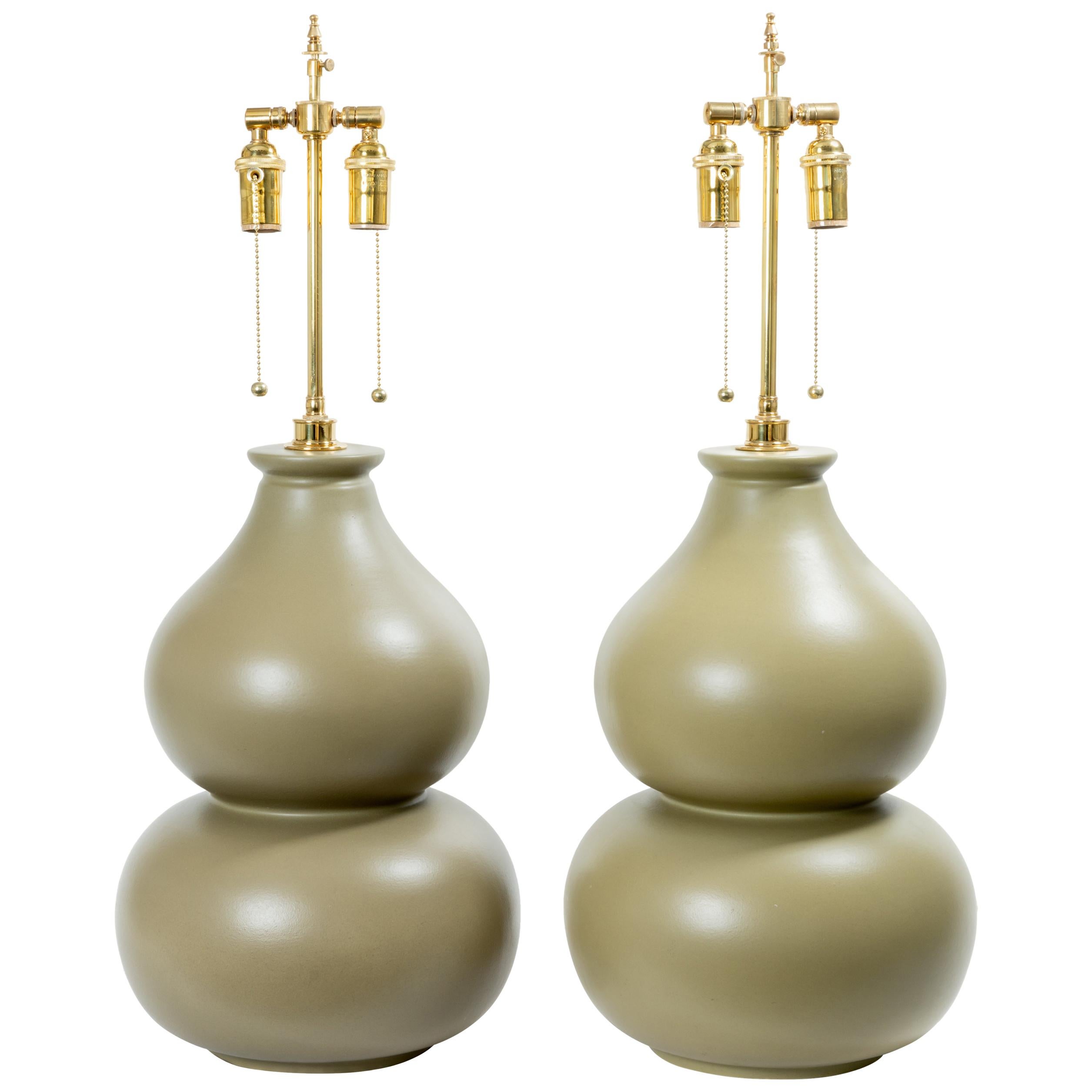 Pair of Gourd Form Grey Ceramic Table Lamps For Sale