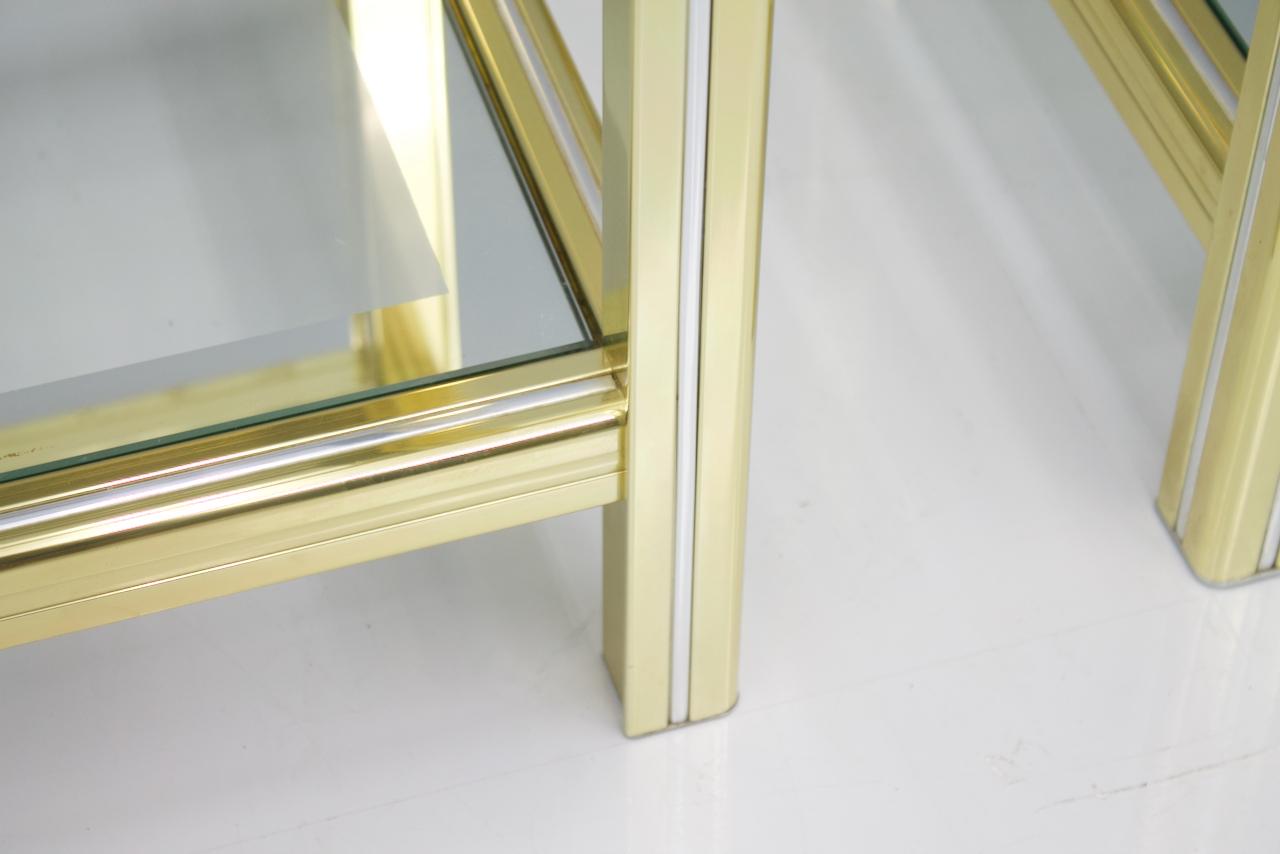 French Pair of Bi-Color Side or End Tables in Brass, Glass, and Chrome, 1970s For Sale