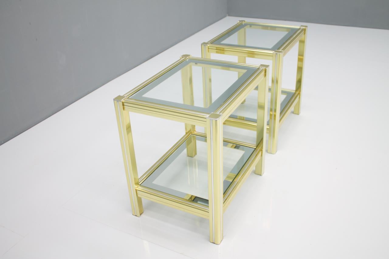 Late 20th Century Pair of Bi-Color Side or End Tables in Brass, Glass, and Chrome, 1970s For Sale