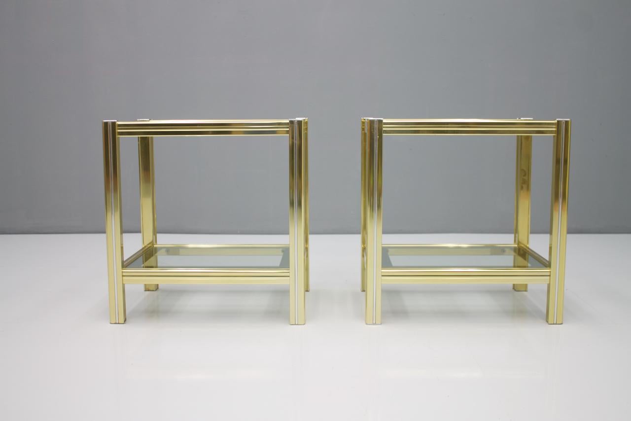 Pair of Bi-Color Side or End Tables in Brass, Glass, and Chrome, 1970s For Sale 1