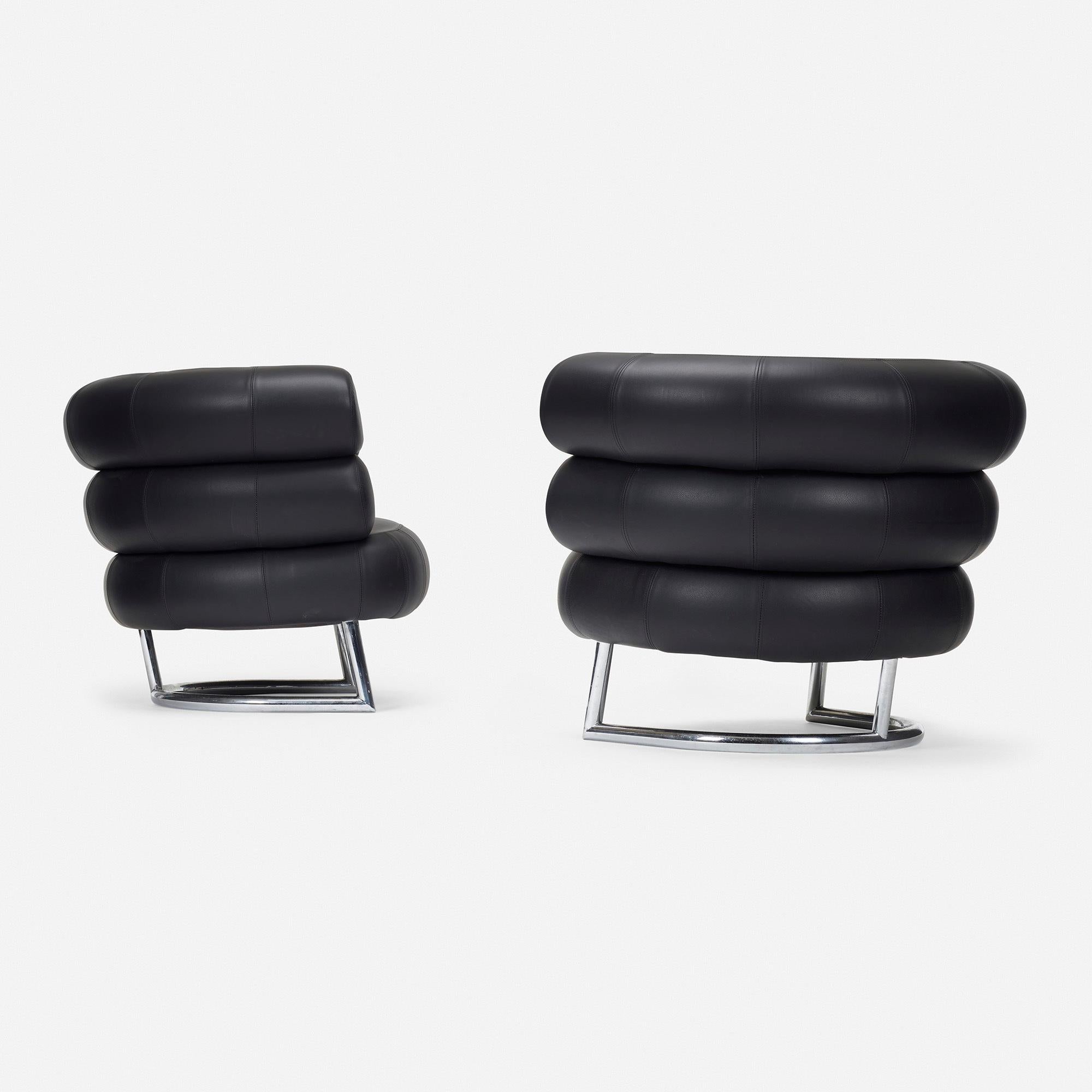 Pair of Bibendum armchairs by Eileen Gray

Made in Ireland

Additional information:
Material: Chrome-plated steel, leather
Size: 36.75 W × 34.5 D × 29.5 H inches Seat height: 16.5 inches 

Condition: Overall this pair is in good, to very