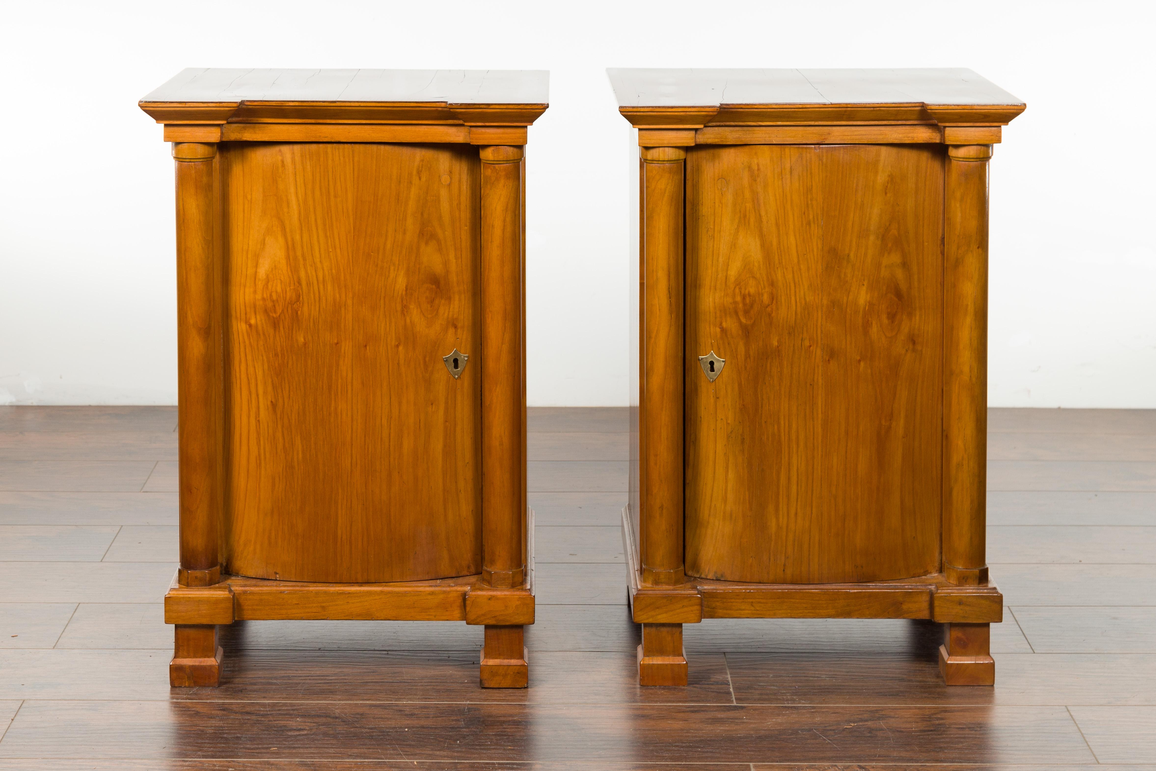 Pair of Biedermeier 1840s Walnut Cabinets with Bombé Doors and Semi-Columns In Good Condition In Atlanta, GA