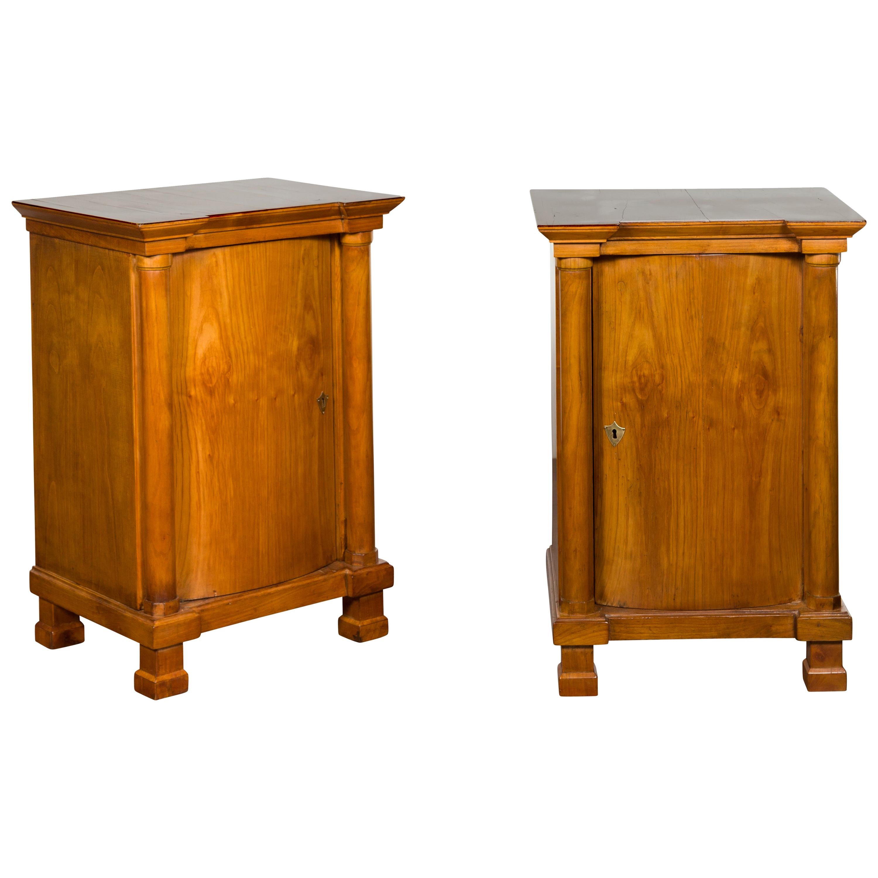 Pair of Biedermeier 1840s Walnut Cabinets with Bombé Doors and Semi-Columns