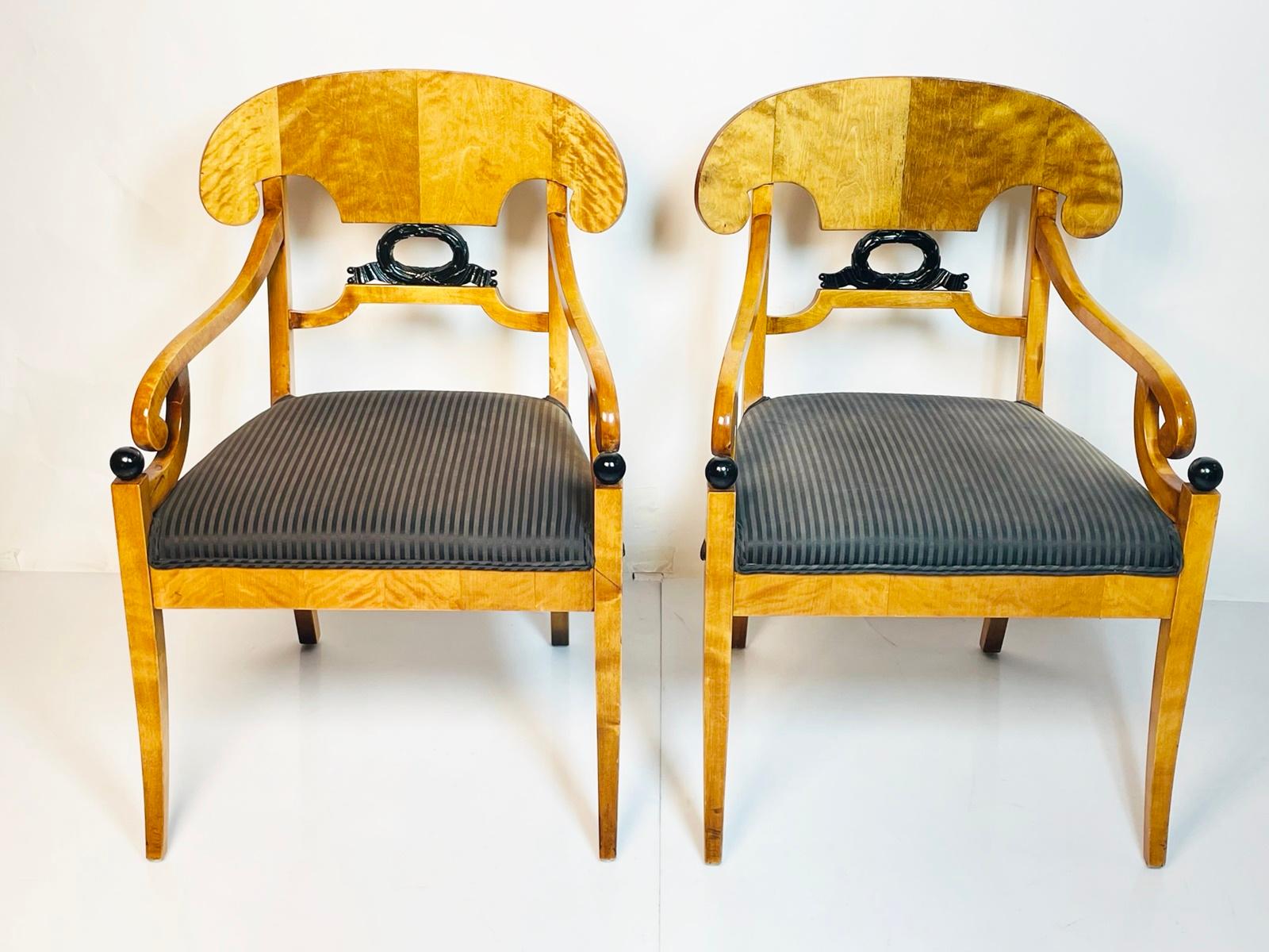 Swedish Pair of Biedermeier Arm Chairs in Flame Birch Wood, Sweden 1900s For Sale