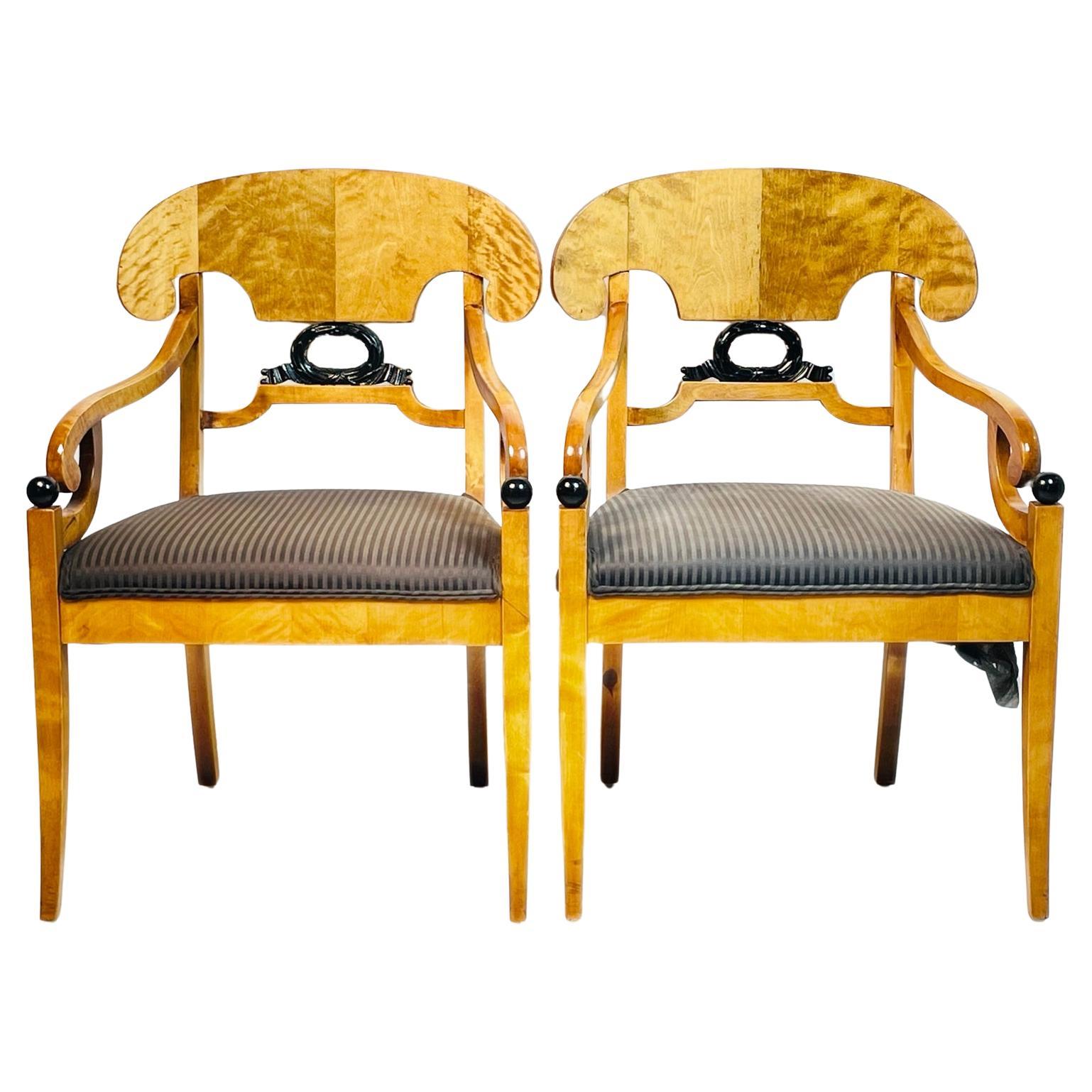 Pair of Biedermeier Arm Chairs in Flame Birch Wood, Sweden 1900s For Sale