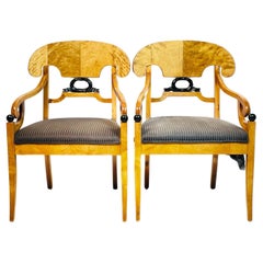 Antique Pair of Biedermeier Arm Chairs in Flame Birch Wood, Sweden 1900s