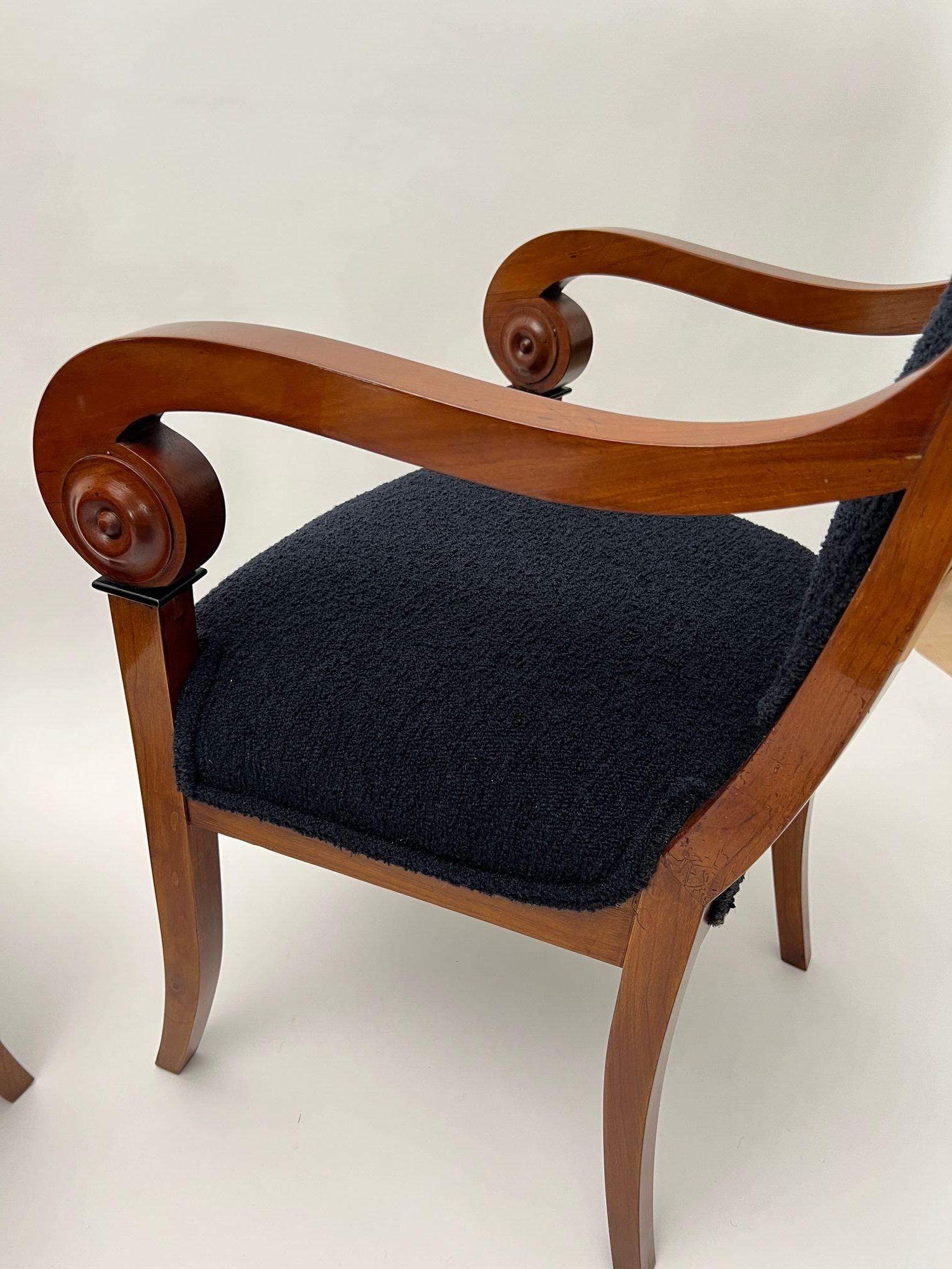 Pair of Biedermeier Armchairs, Cherry Wood, Black Boucle, France circa 1820 For Sale 4