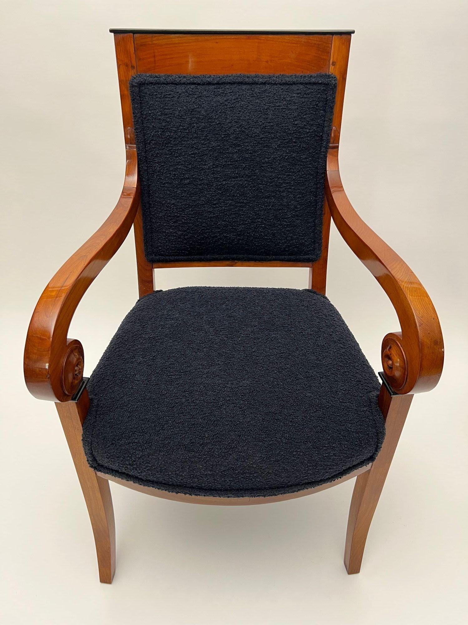 Pair of Biedermeier Armchairs, Cherry Wood, Black Boucle, France circa 1820 For Sale 5