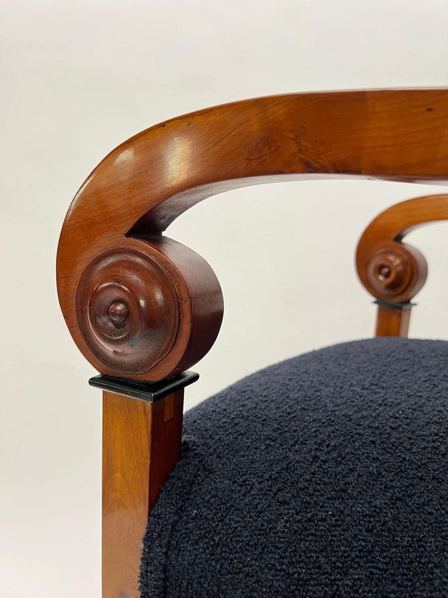 Pair of Biedermeier Armchairs, Cherry Wood, Black Boucle, France circa 1820 For Sale 8