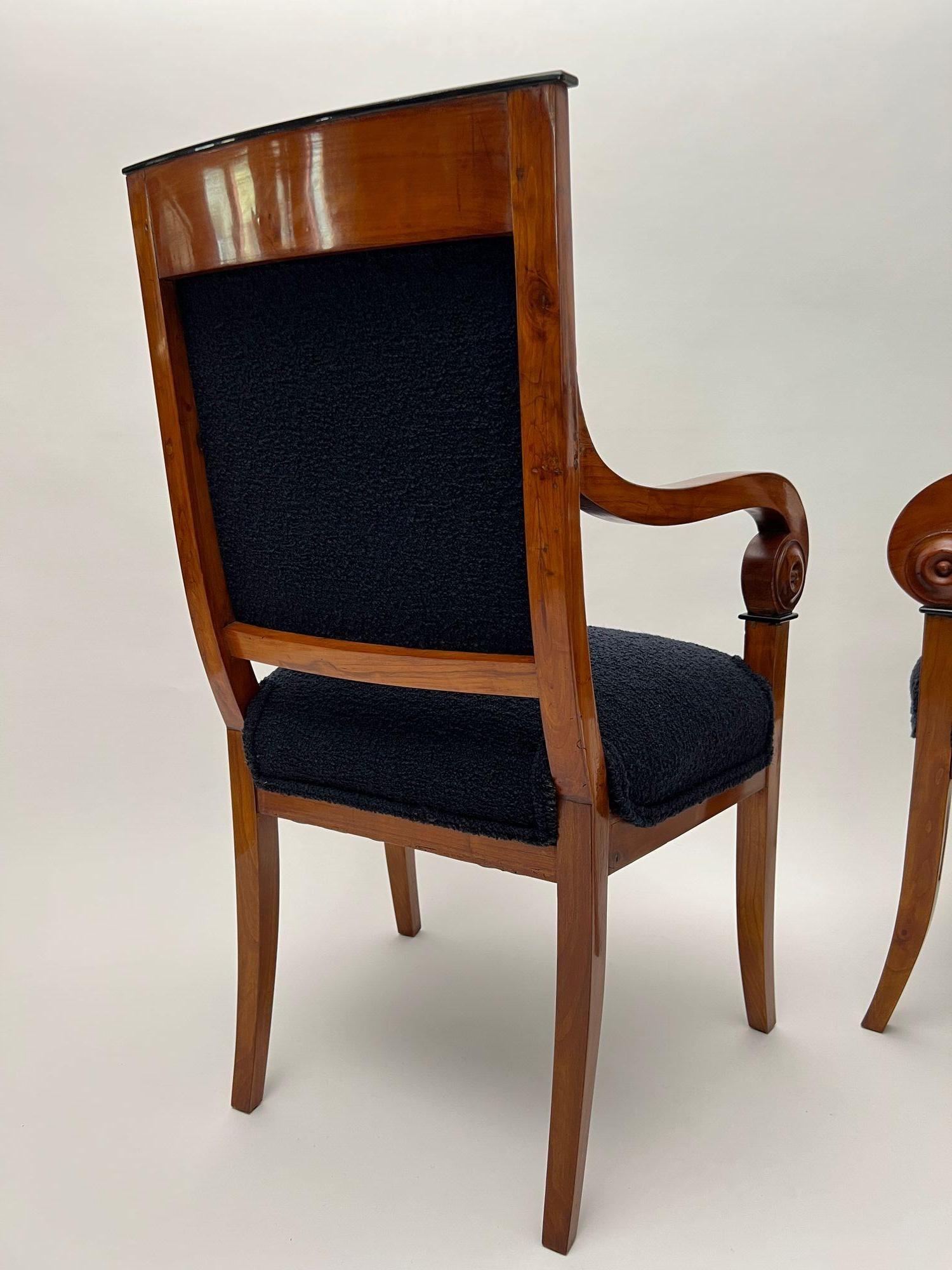 Pair of Biedermeier Armchairs, Cherry Wood, Black Boucle, France circa 1820 For Sale 9