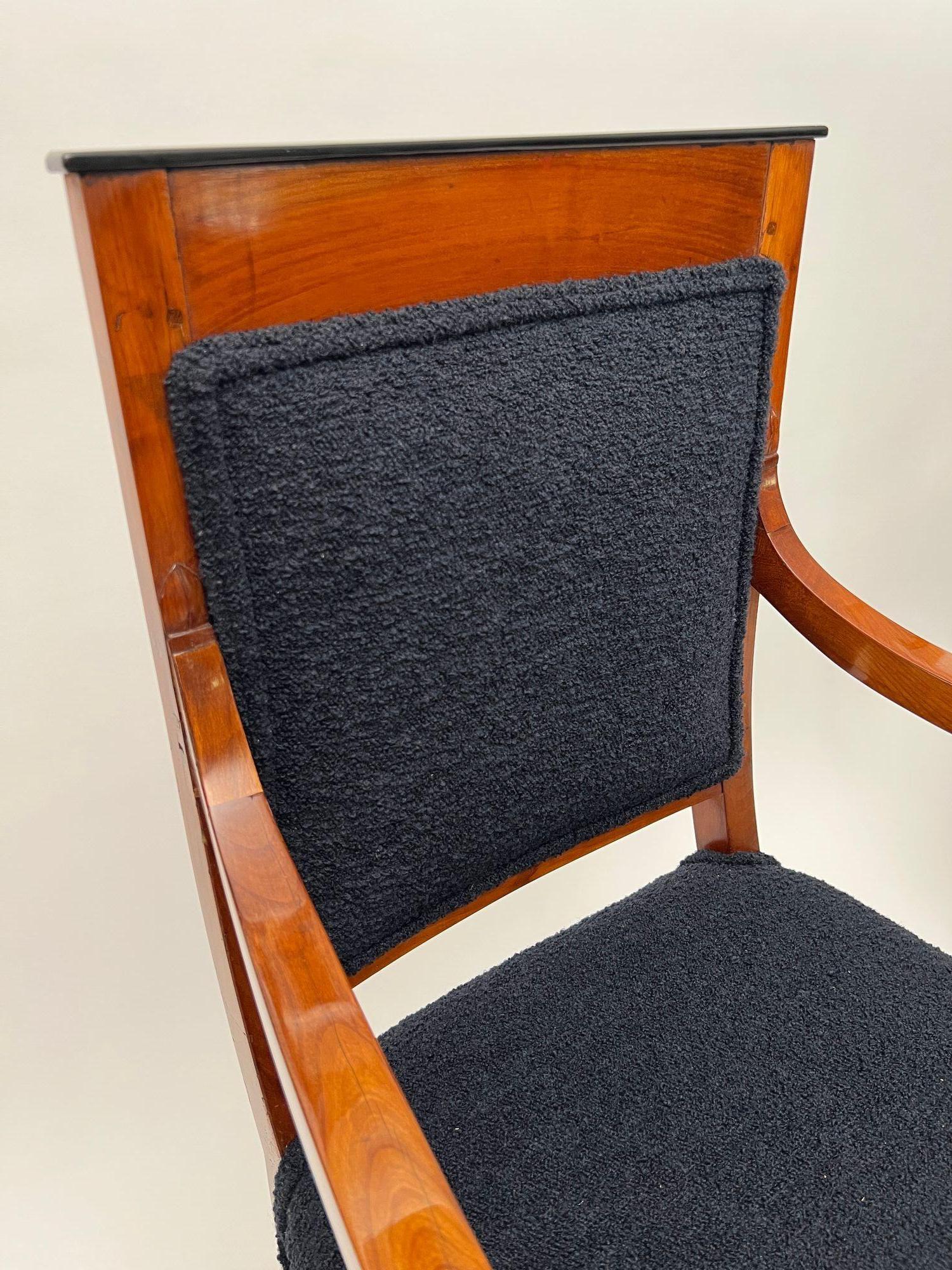 Pair of Biedermeier Armchairs, Cherry Wood, Black Boucle, France circa 1820 For Sale 11