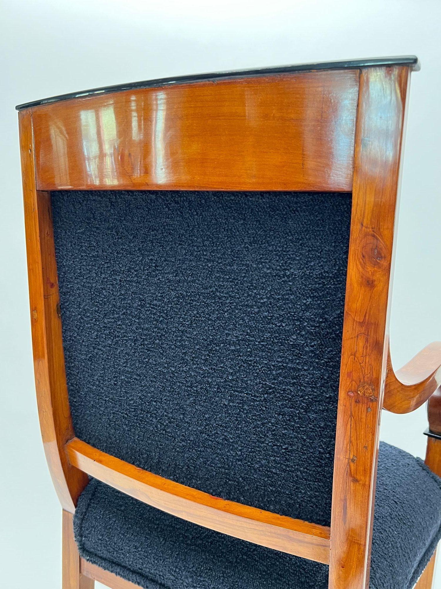 Pair of Biedermeier Armchairs, Cherry Wood, Black Boucle, France circa 1820 For Sale 12