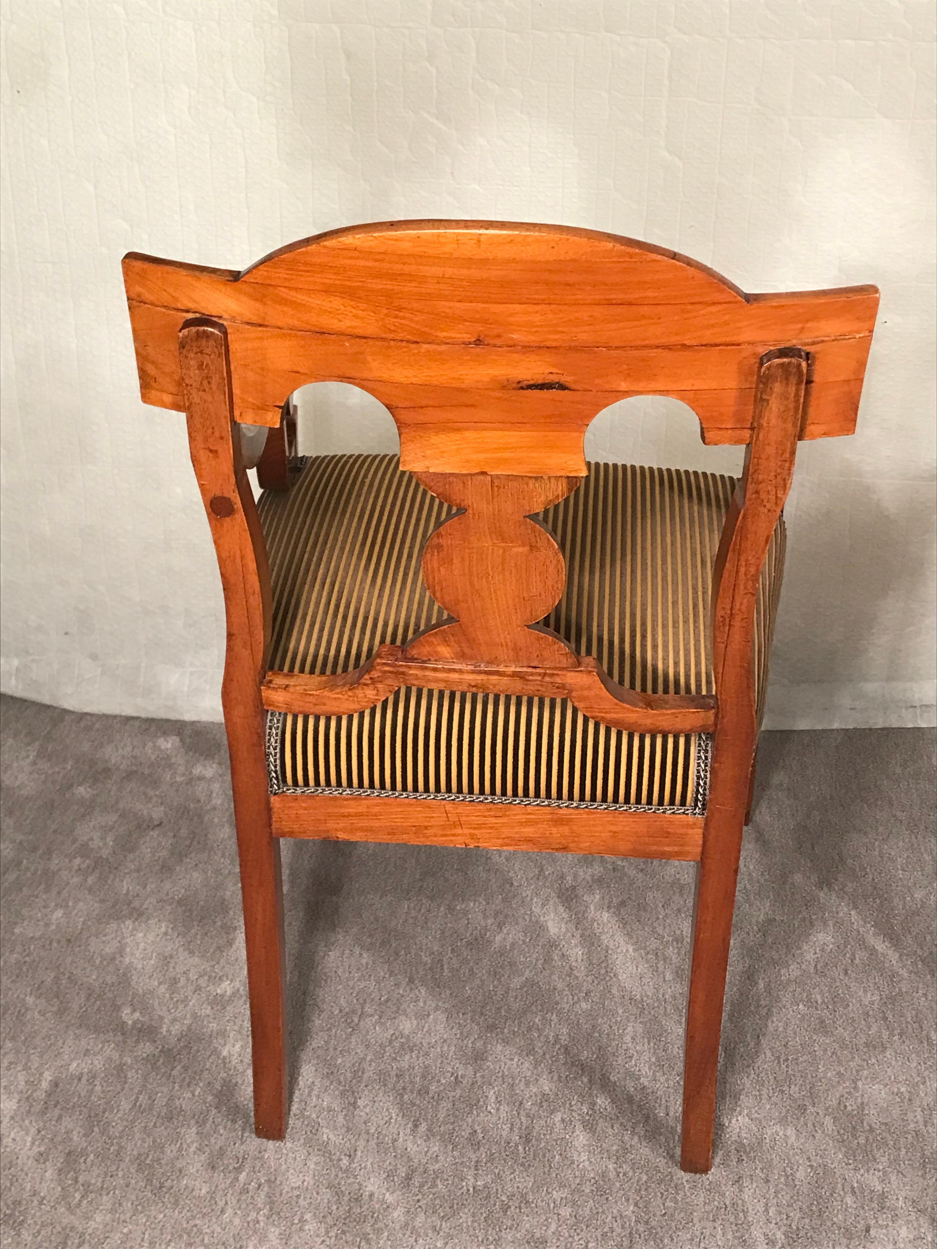 This unique pair of Biedermeier armchairs dates back to around 1820-30 and comes from the northern part of Germany. The northern German Biedermeier is stylistically connected to the so called Golden Age in Denmark. 
The Danish Golden Age is the