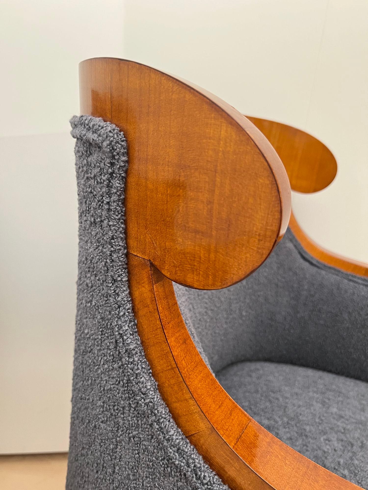 Pair of Biedermeier Bergere Chairs, Cherry Wood, Gray Boucle, Austria circa 1830 For Sale 7