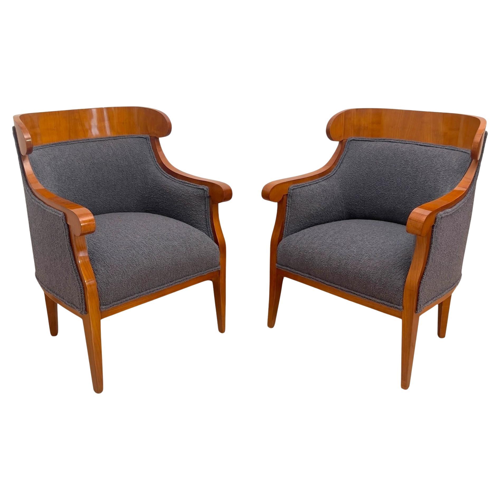 Pair of Biedermeier Bergere Chairs, Cherry Wood, Gray Boucle, Austria circa 1830 For Sale