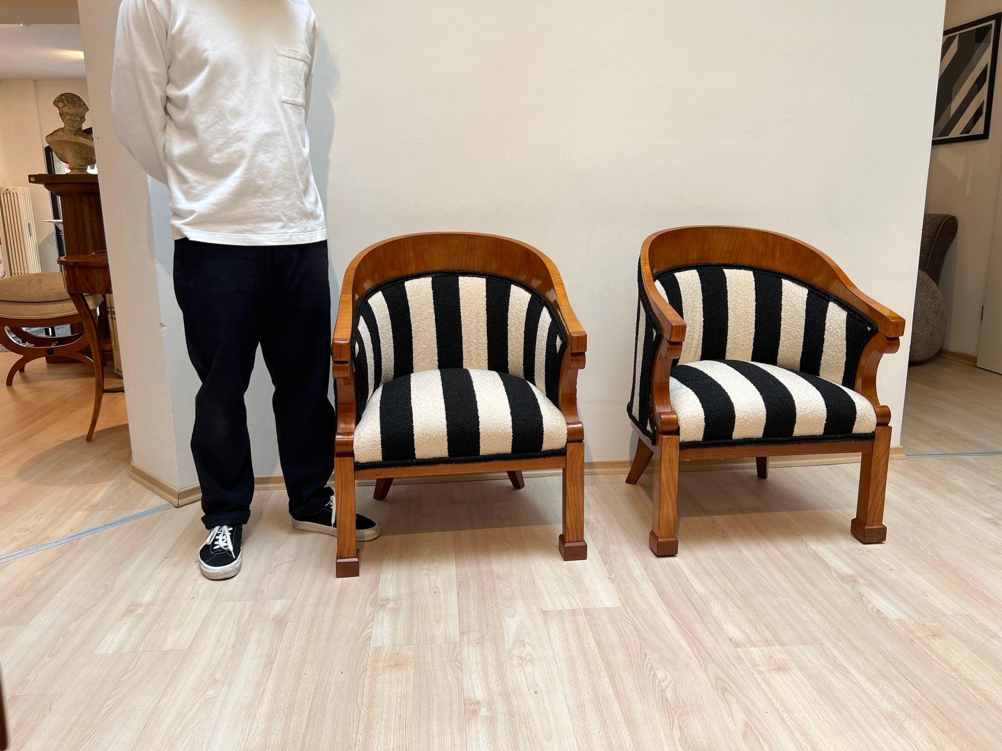 Pair of Biedermeier Bergere Chairs, Cherrywood, Boucle, Austria circa 1830 For Sale 11