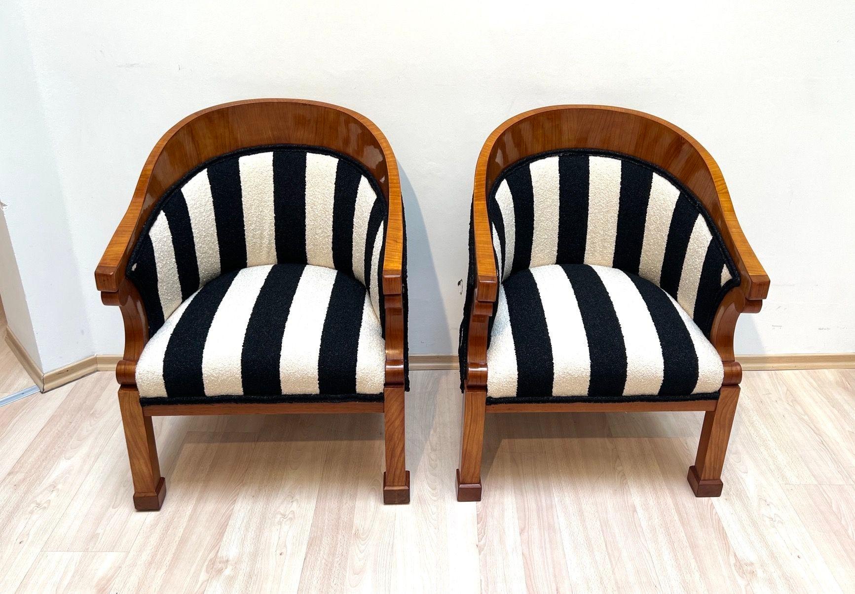 German Pair of Biedermeier Bergere Chairs, Cherrywood, Boucle, Austria circa 1830 For Sale