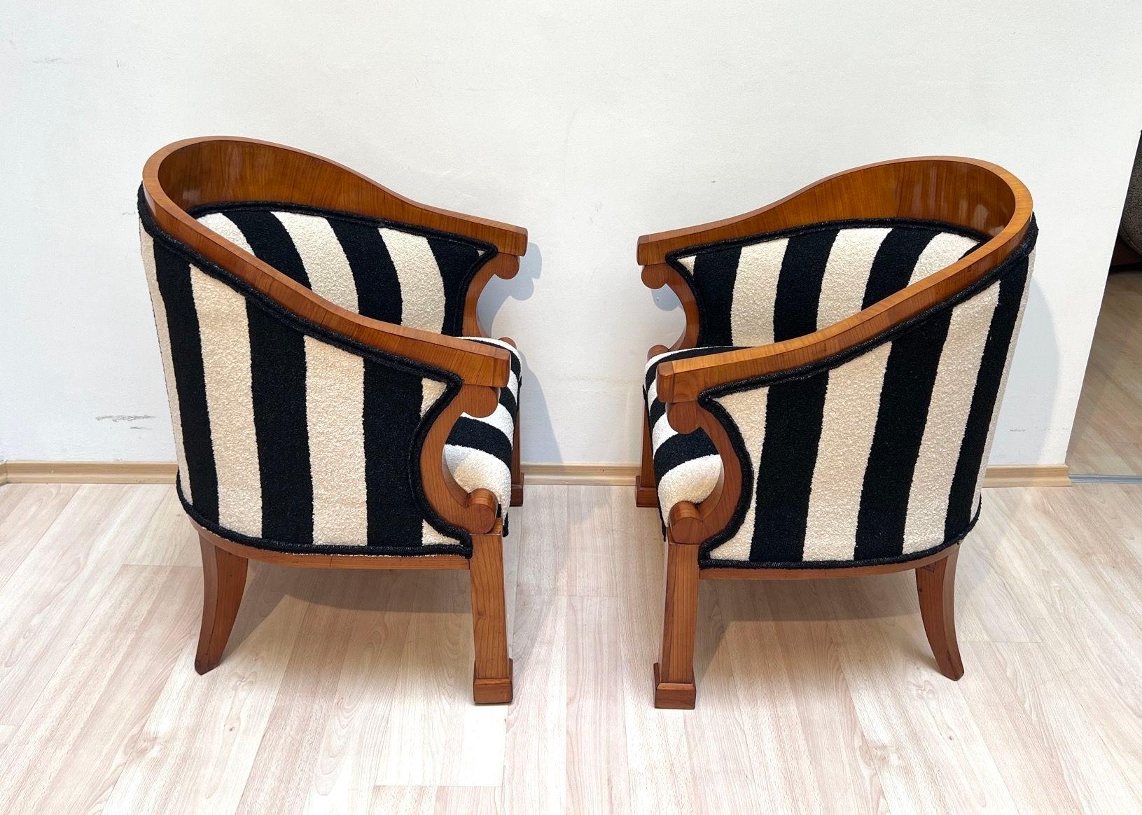 Fabric Pair of Biedermeier Bergere Chairs, Cherrywood, Boucle, Austria circa 1830 For Sale