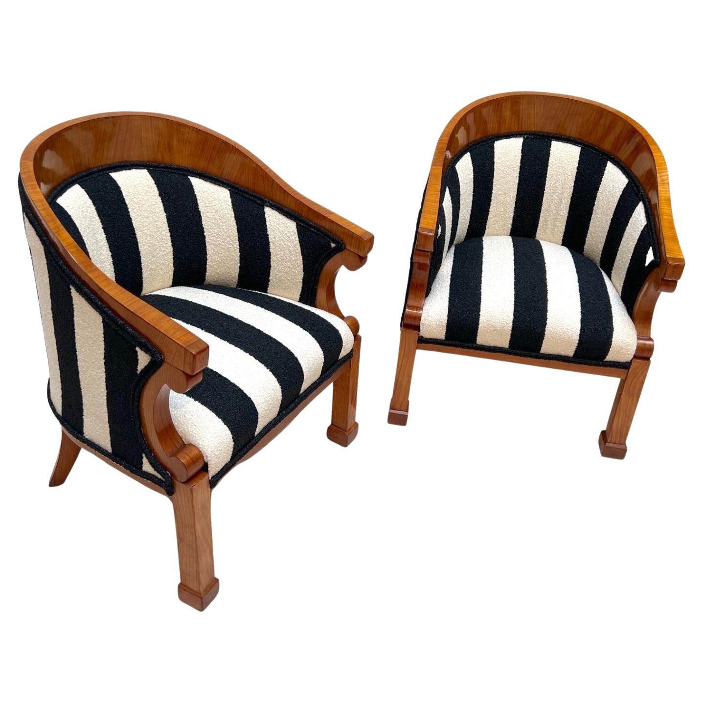 Pair of Biedermeier Bergere Chairs, Cherrywood, Boucle, Austria circa 1830 For Sale
