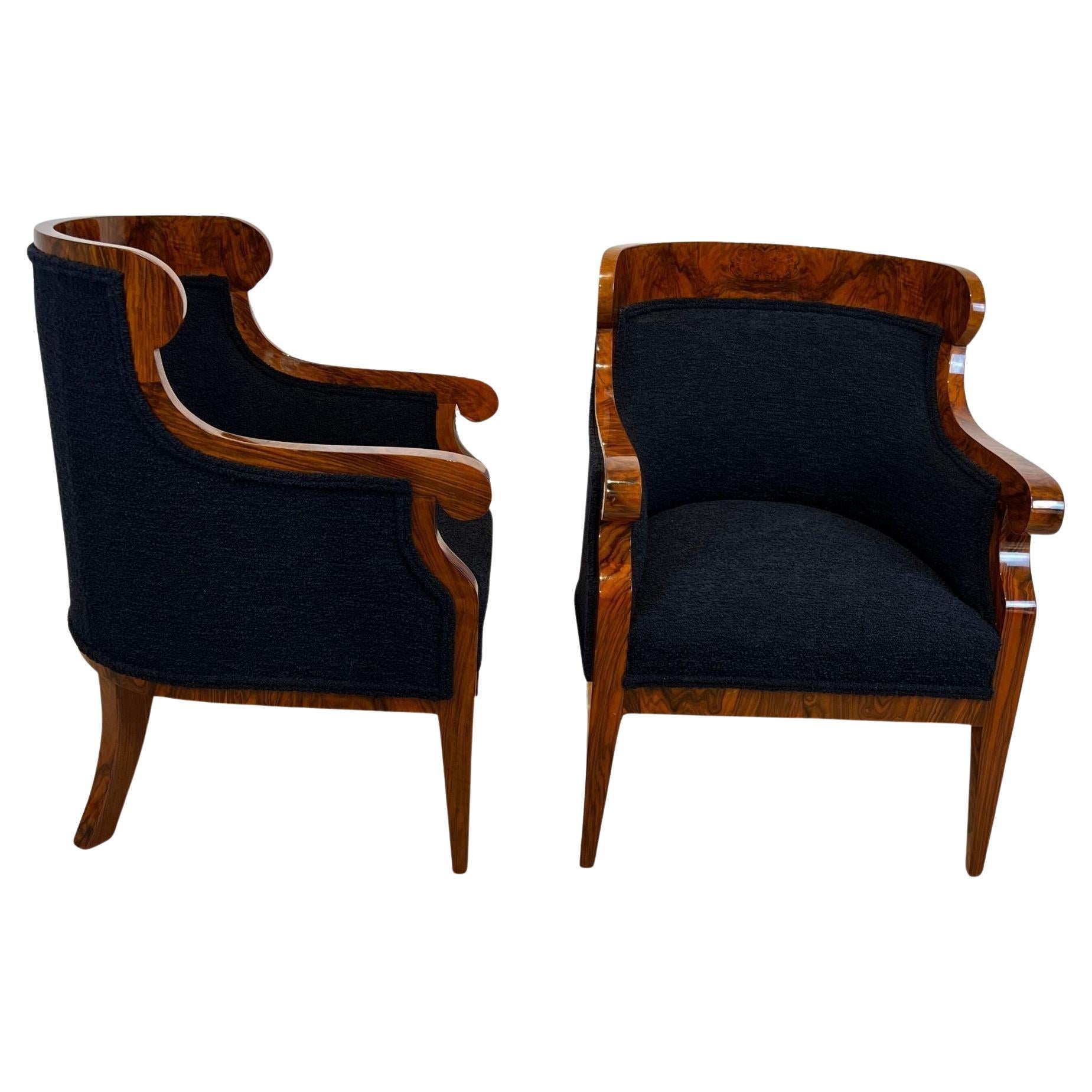 Pair of Biedermeier Bergere Chairs, Walnut, Black Boucle, Austria circa 1850