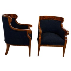 Antique Pair of Biedermeier Bergere Chairs, Walnut, Black Boucle, Austria circa 1850