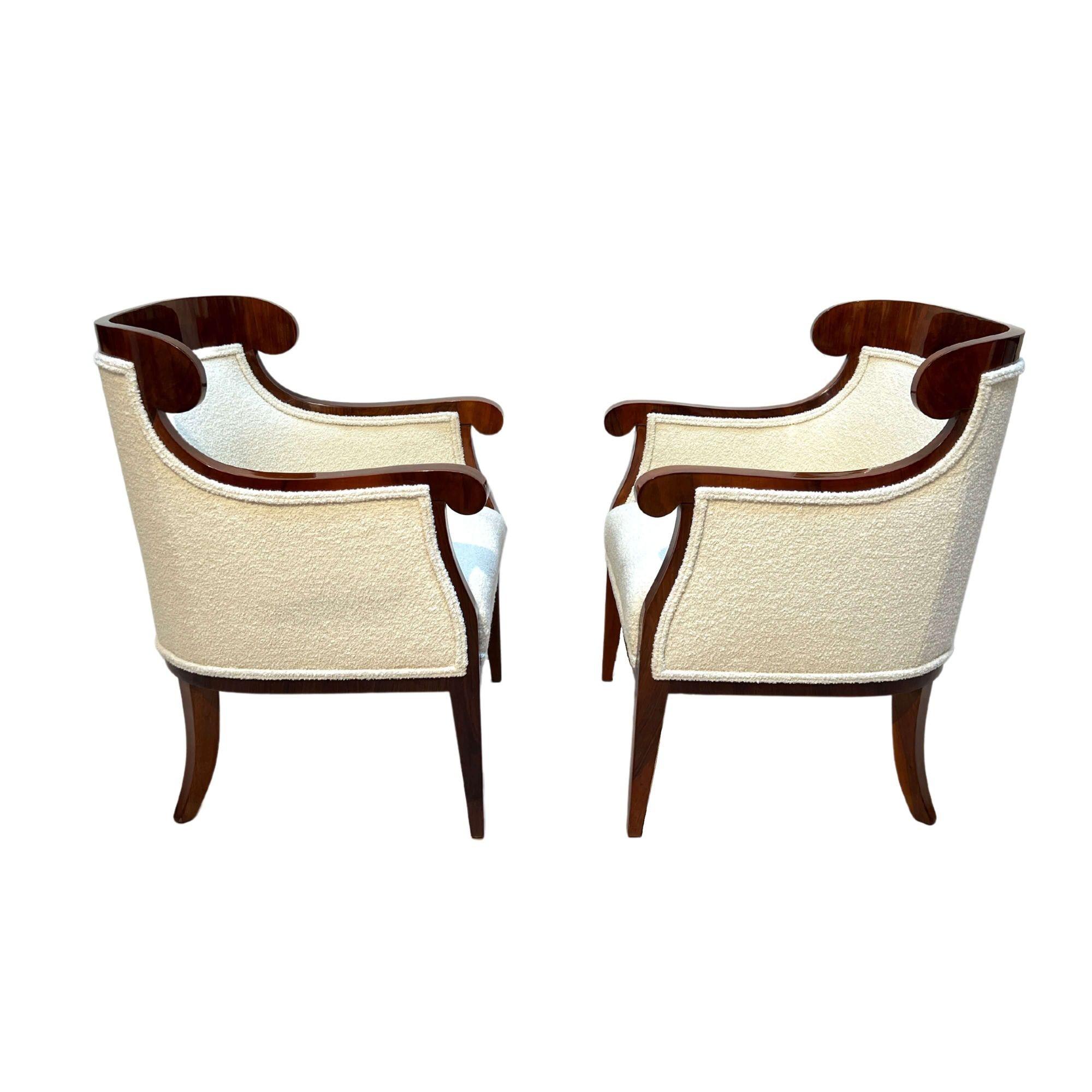 Polished Pair of Biedermeier Bergere Chairs, Walnut, Bouclé, Austria, Vienna, Circa 1860