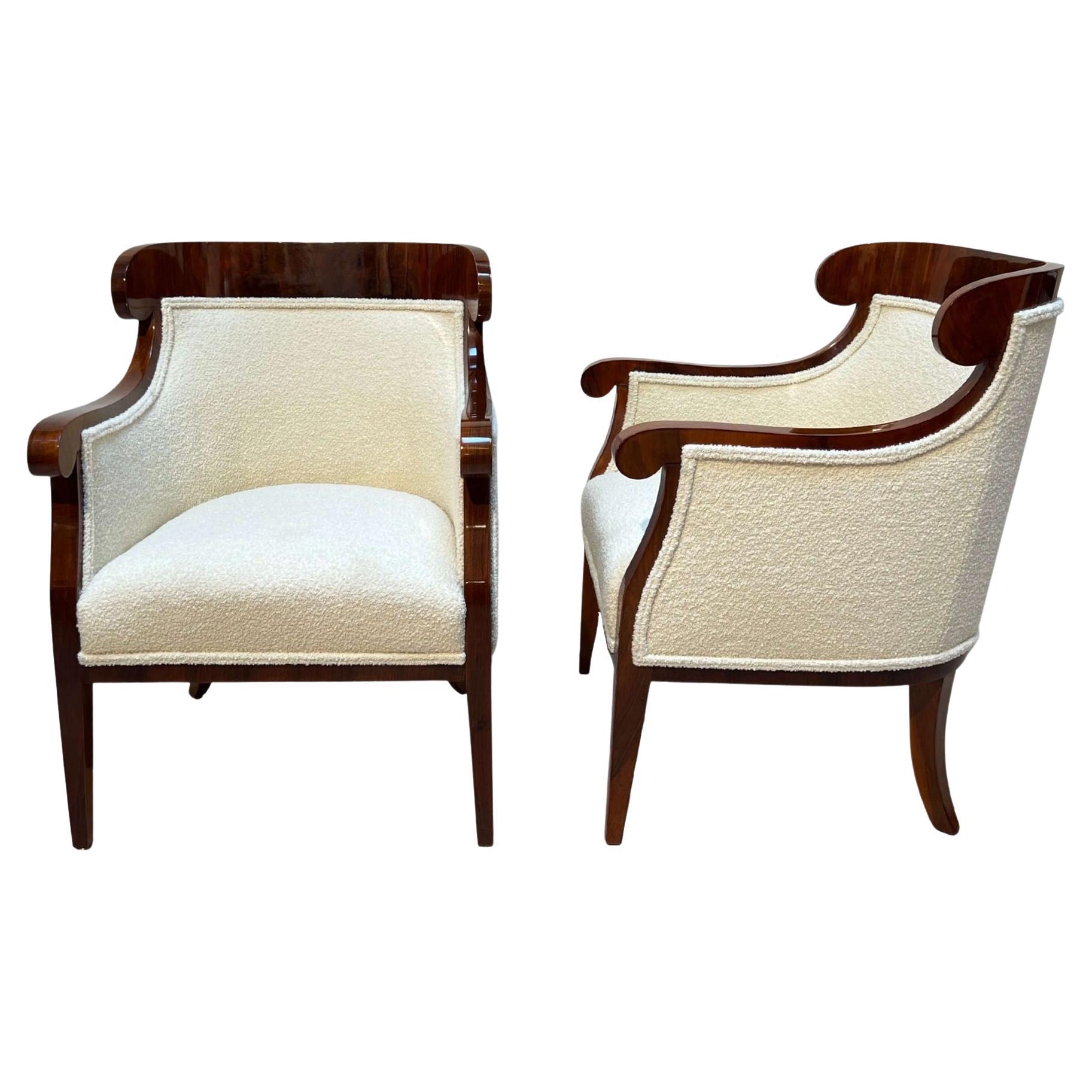Pair of Biedermeier Bergere Chairs, Walnut, Bouclé, Austria, Vienna, Circa 1860