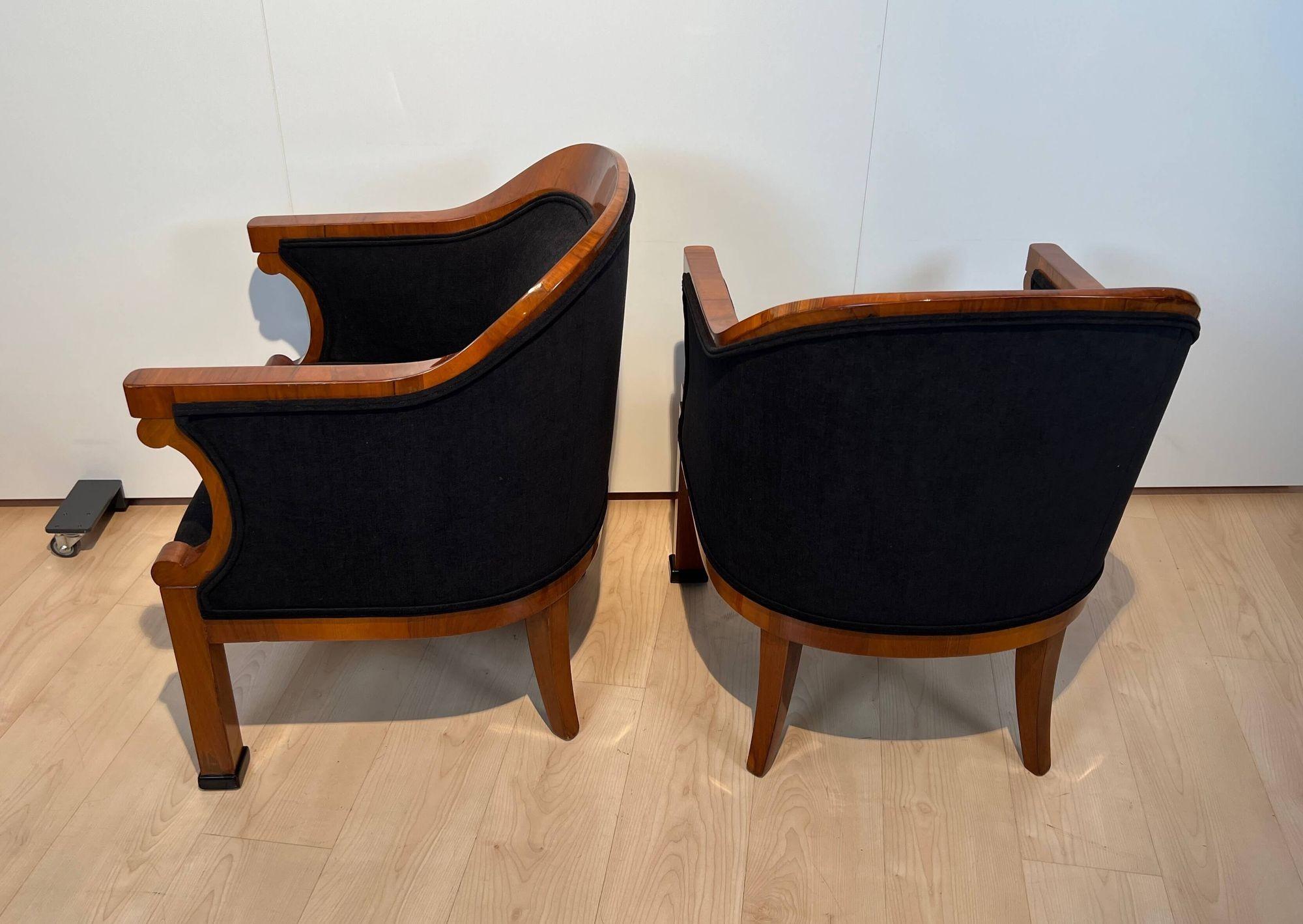 Chenille Pair of Biedermeier Bergere Chairs, Walnut Veneer, Vienna/Austria, 19th Century