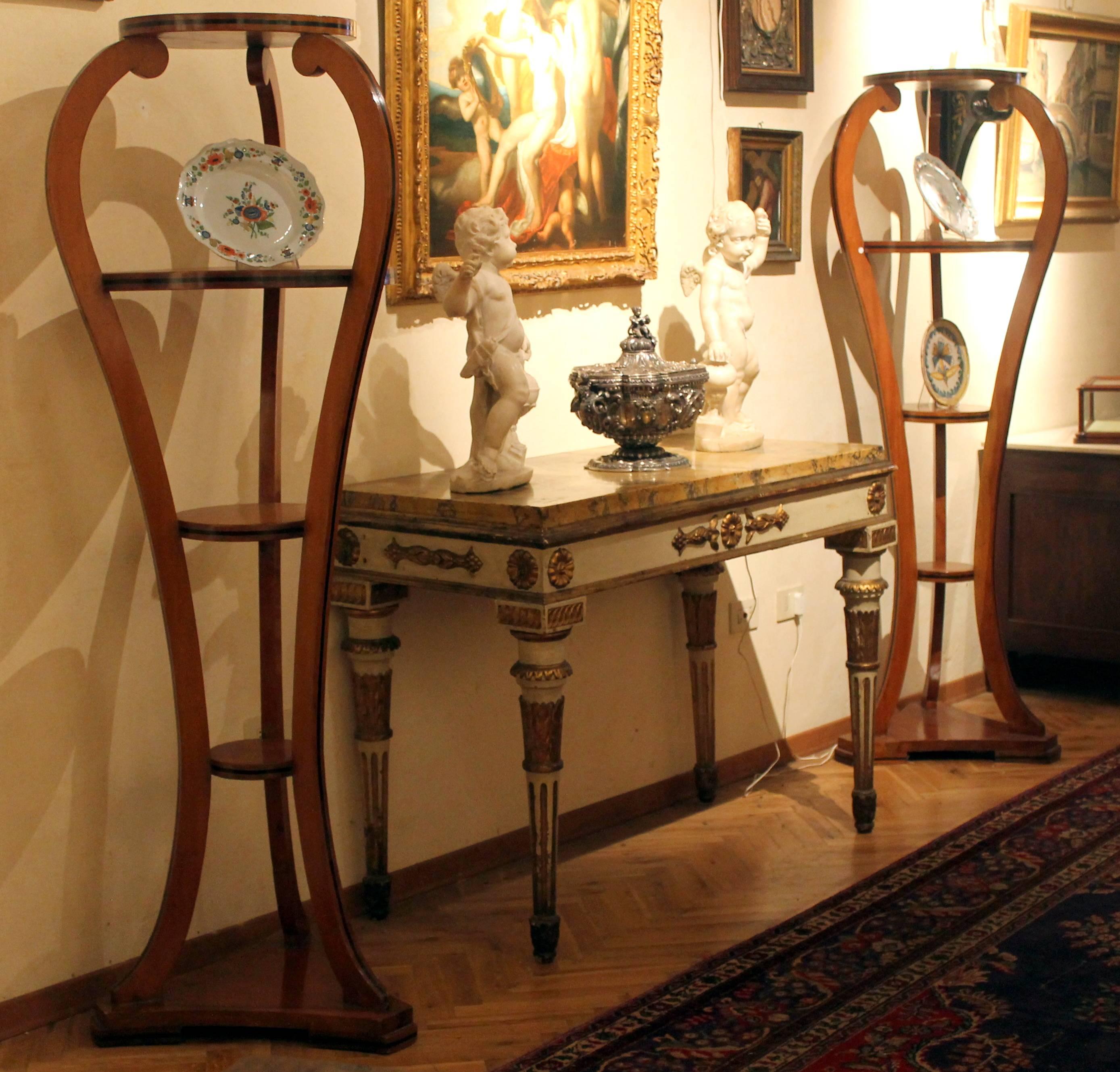 Pair of Biedermeier Blonde Walnutwood and Ebonized Wood Open Shelves Bookcases  In Excellent Condition In Firenze, IT
