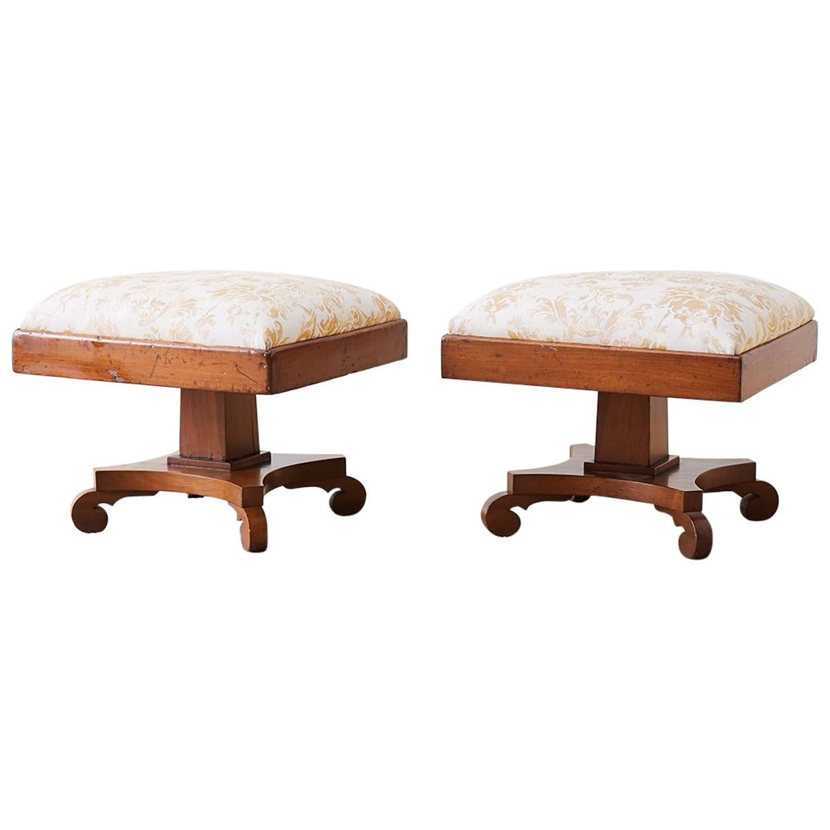 Pair of Biedermeier Carved Footstools with Fortuny Upholstery