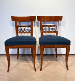 Pair of Biedermeier Chairs, Cherry Veneer, Blue Suede, South Germany circa 1840