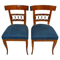 Pair of Biedermeier Chairs, Cherry Veneer, Blue Suede, South Germany circa 1840
