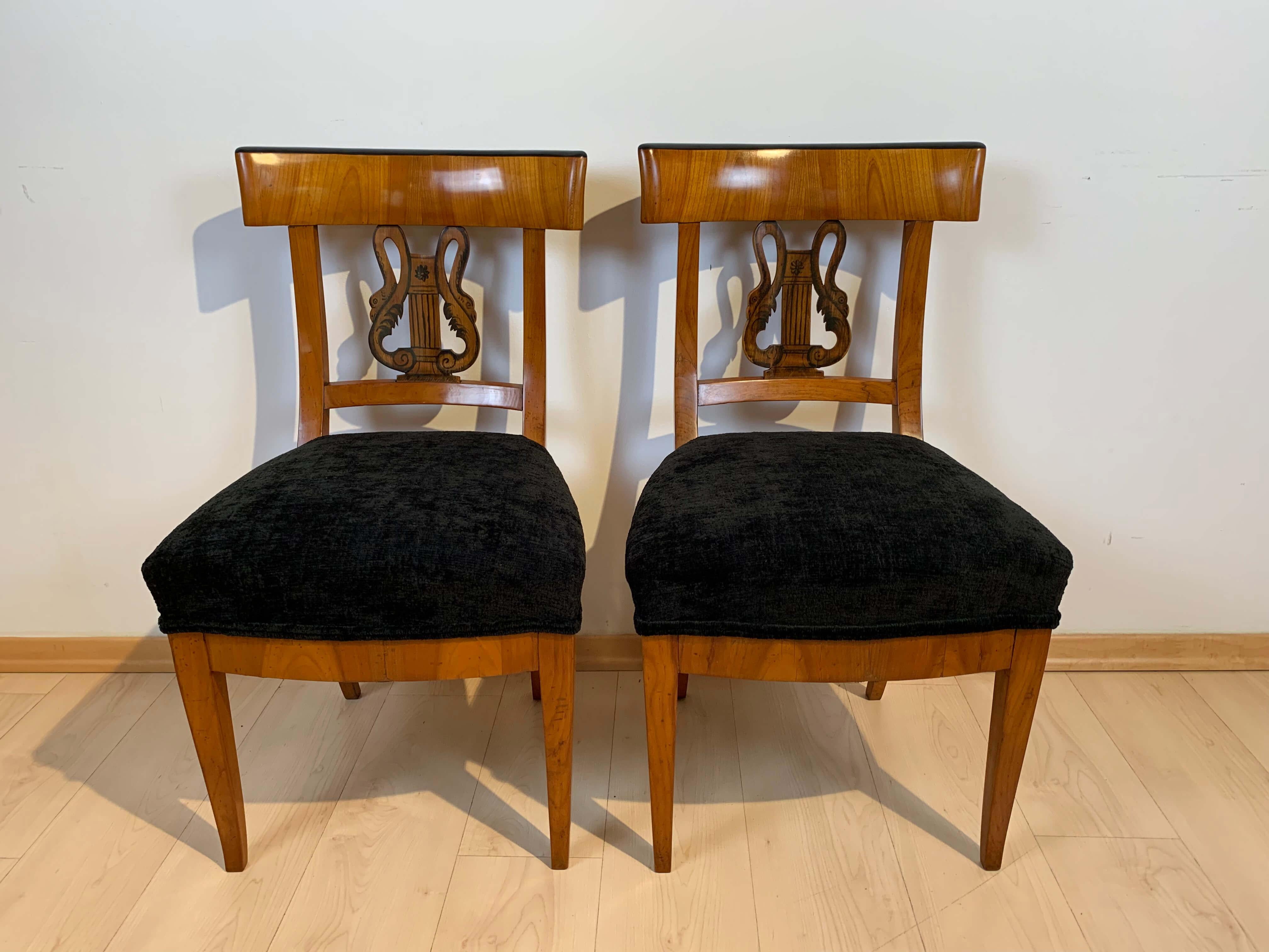 Ebonized Pair of Biedermeier Chairs, Cherry Wood, Painting, South Germany circa 1820