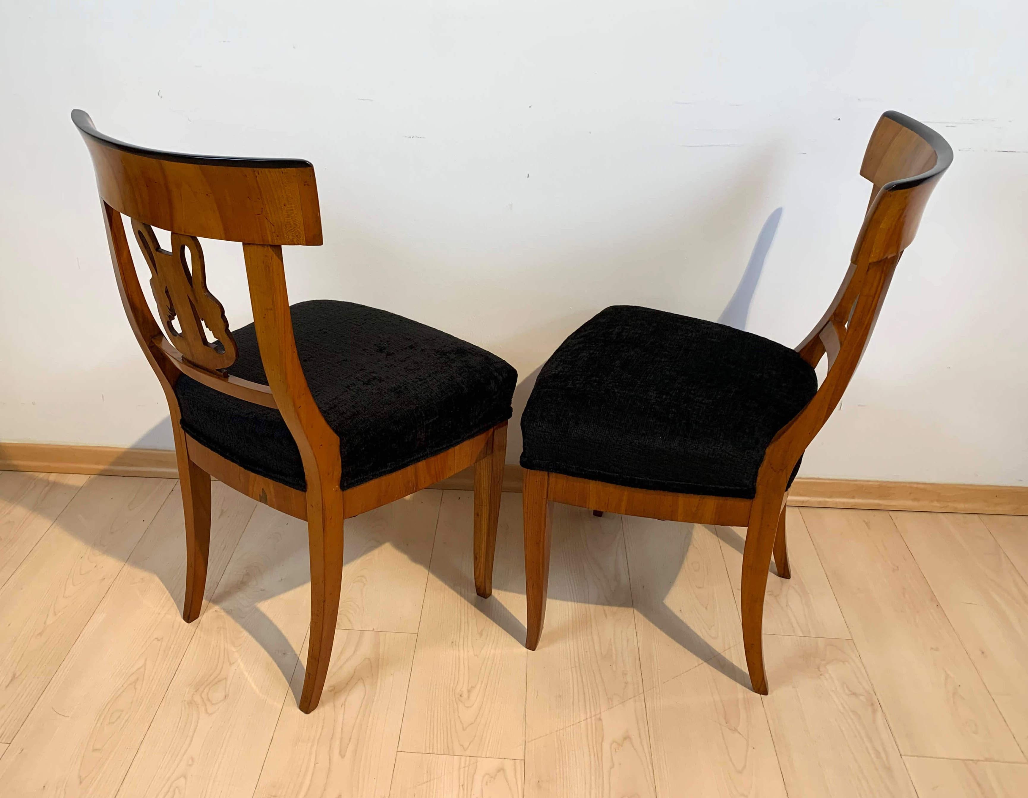 Velvet Pair of Biedermeier Chairs, Cherry Wood, Painting, South Germany circa 1820