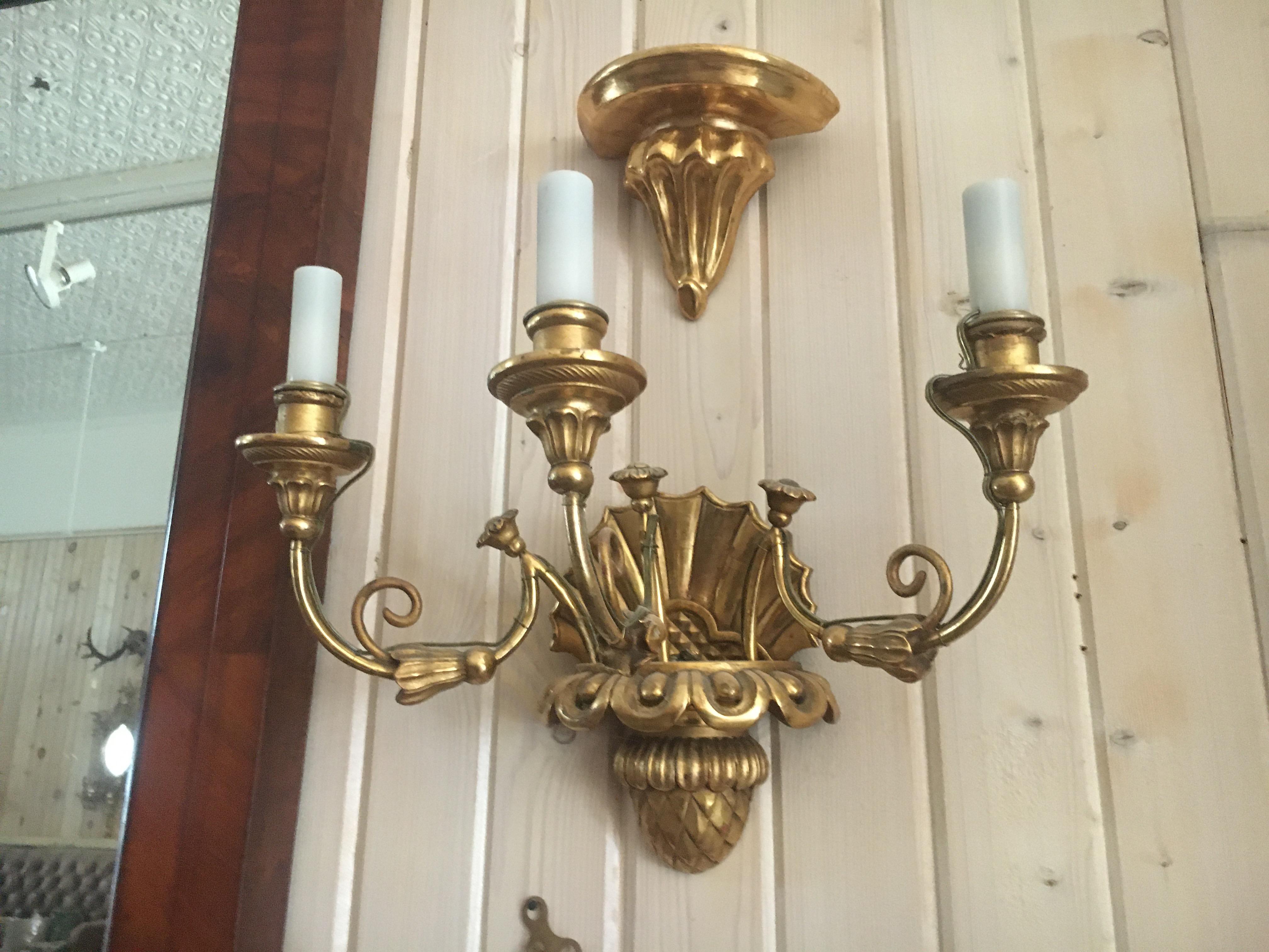 Pair of Biedermeier Giltwood Three-Light Sconces In Excellent Condition For Sale In Buchanan, MI