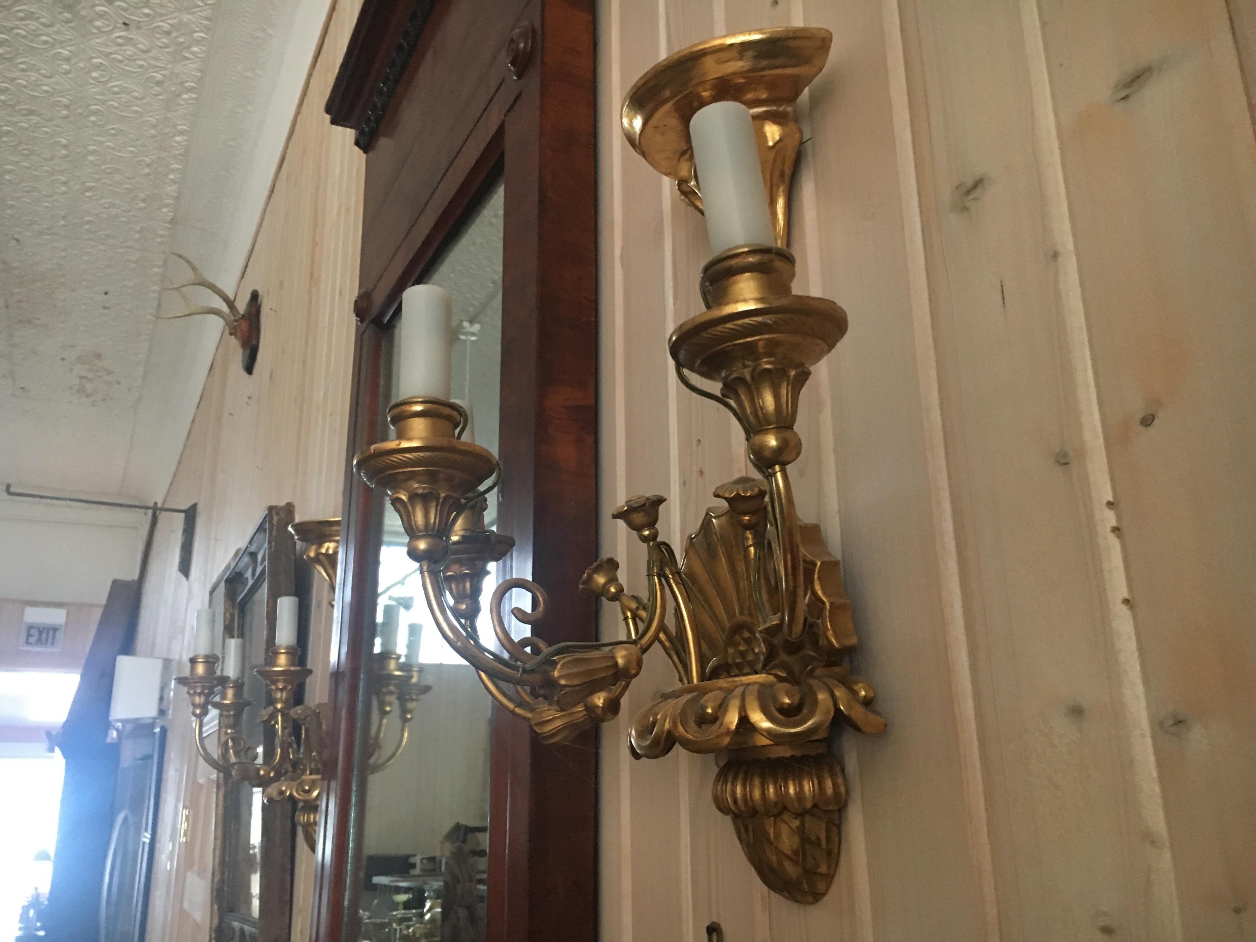 19th Century Pair of Biedermeier Giltwood Three-Light Sconces For Sale