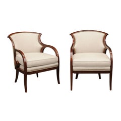 Pair of Biedermeier Period 1840s Walnut Upholstered Armchairs with Looping Arms