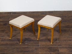Pair of Biedermeier Period 19th Century Walnut Stools with Carved Gilt Lion Paws