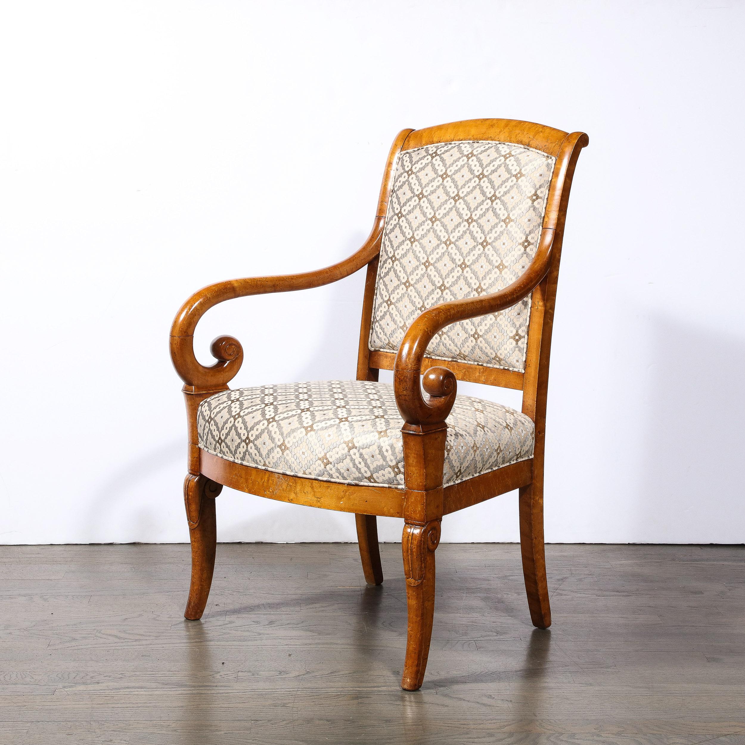 Pair of Biedermeier Scroll Form Arm Chairs in Hand Finished Burled Elm In Excellent Condition For Sale In New York, NY