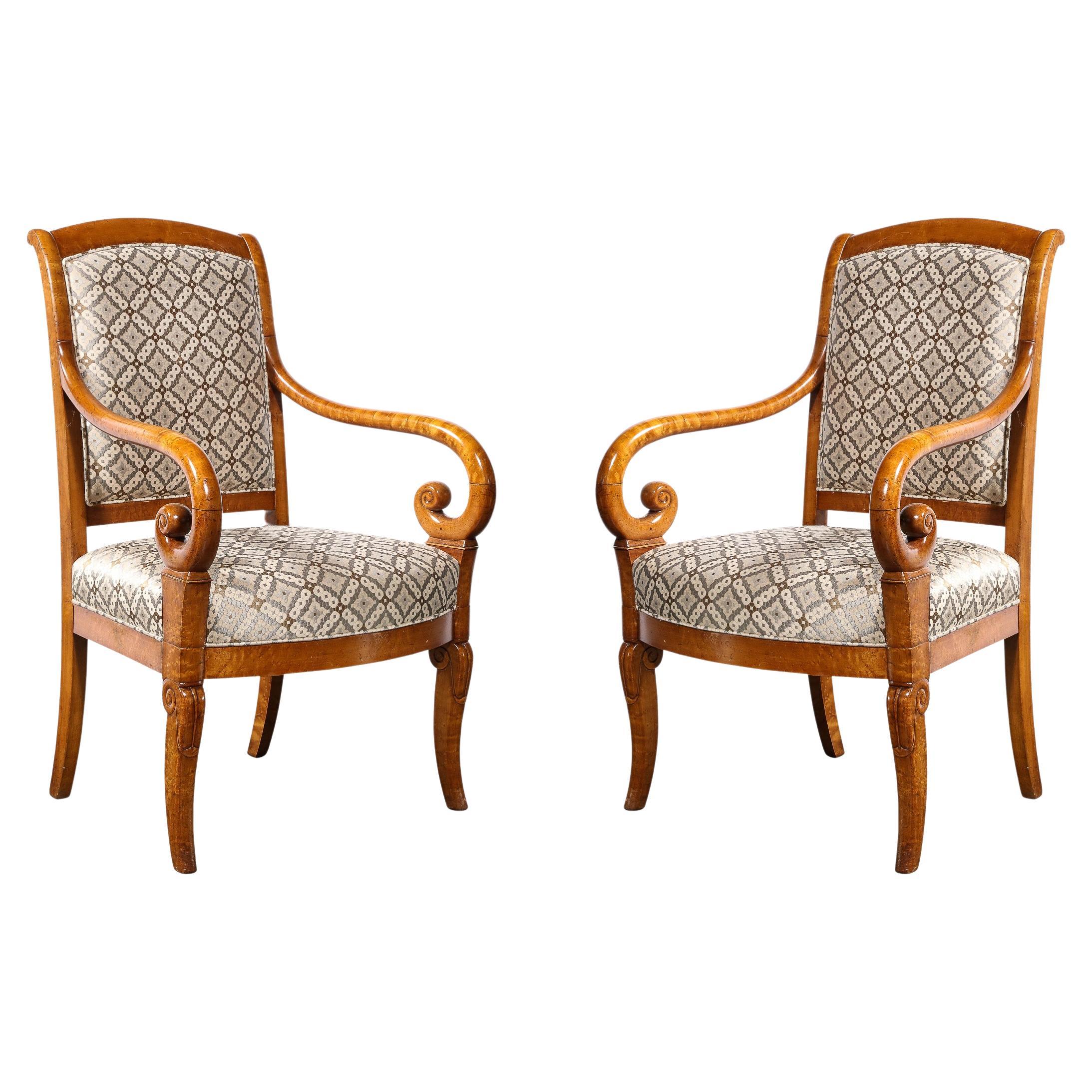 Pair of Biedermeier Scroll Form Arm Chairs in Hand Finished Burled Elm