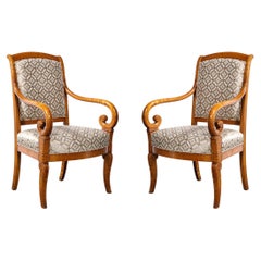 Pair of Biedermeier Scroll Form Arm Chairs in Hand Finished Burled Elm