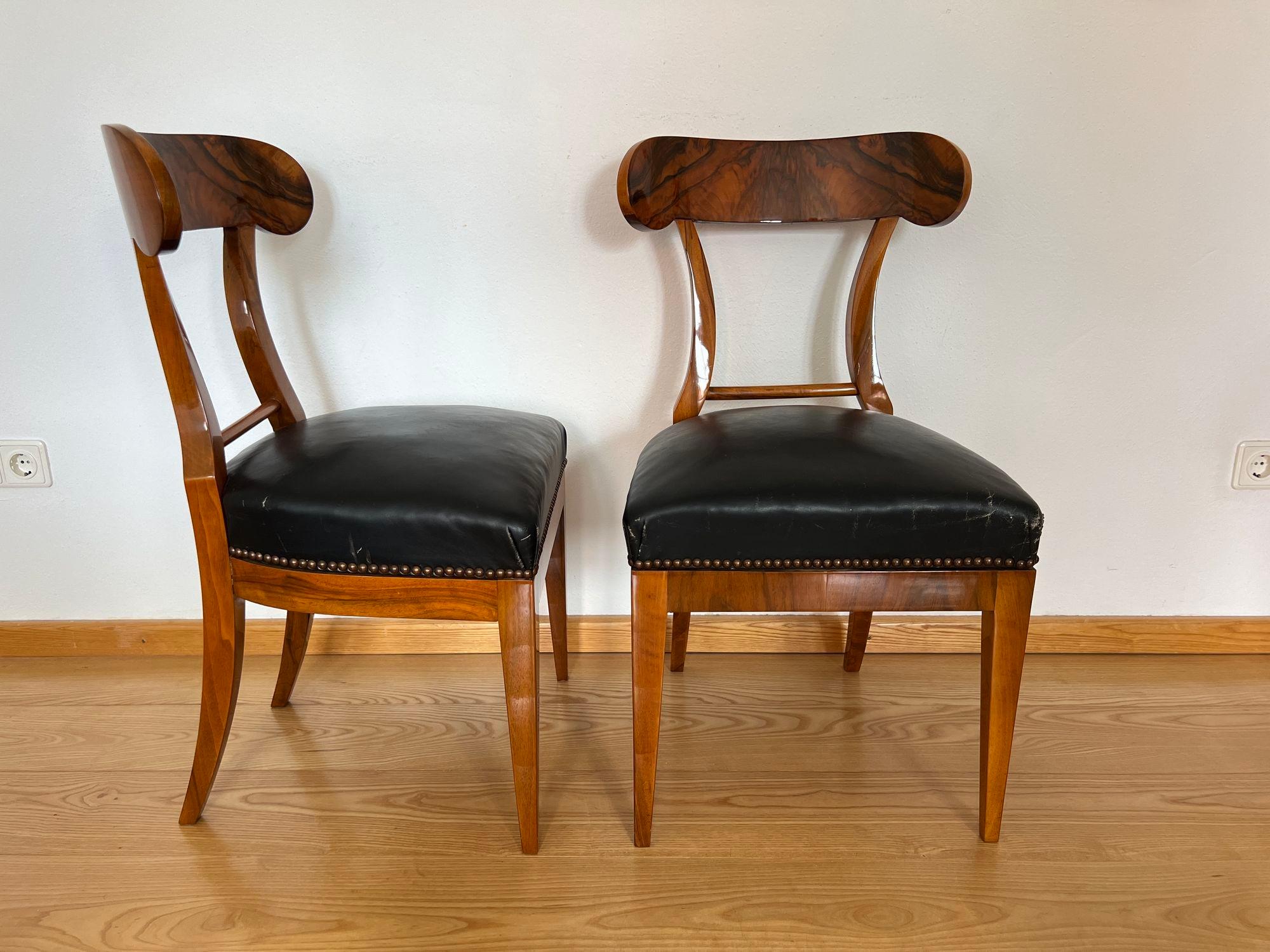 Paire de chaises pelle Biedermeier, noyer, cuir noir, Autriche vers 1820 en vente 5