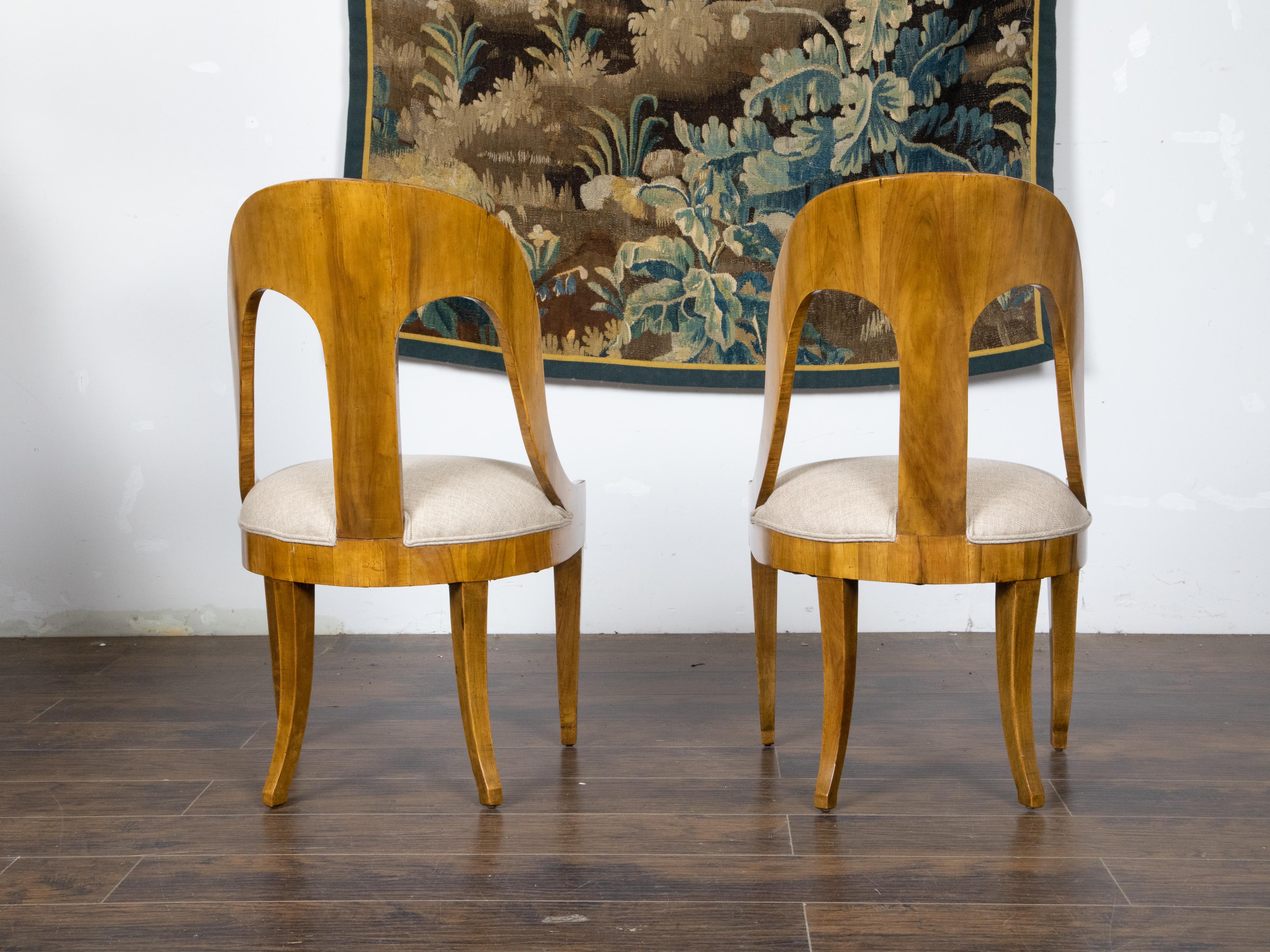 20th Century Pair of Biedermeier Style 1900s Walnut Spoon Back Chairs with New Upholstery
