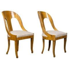 Pair of Biedermeier Style 1900s Walnut Spoon Back Chairs with New Upholstery