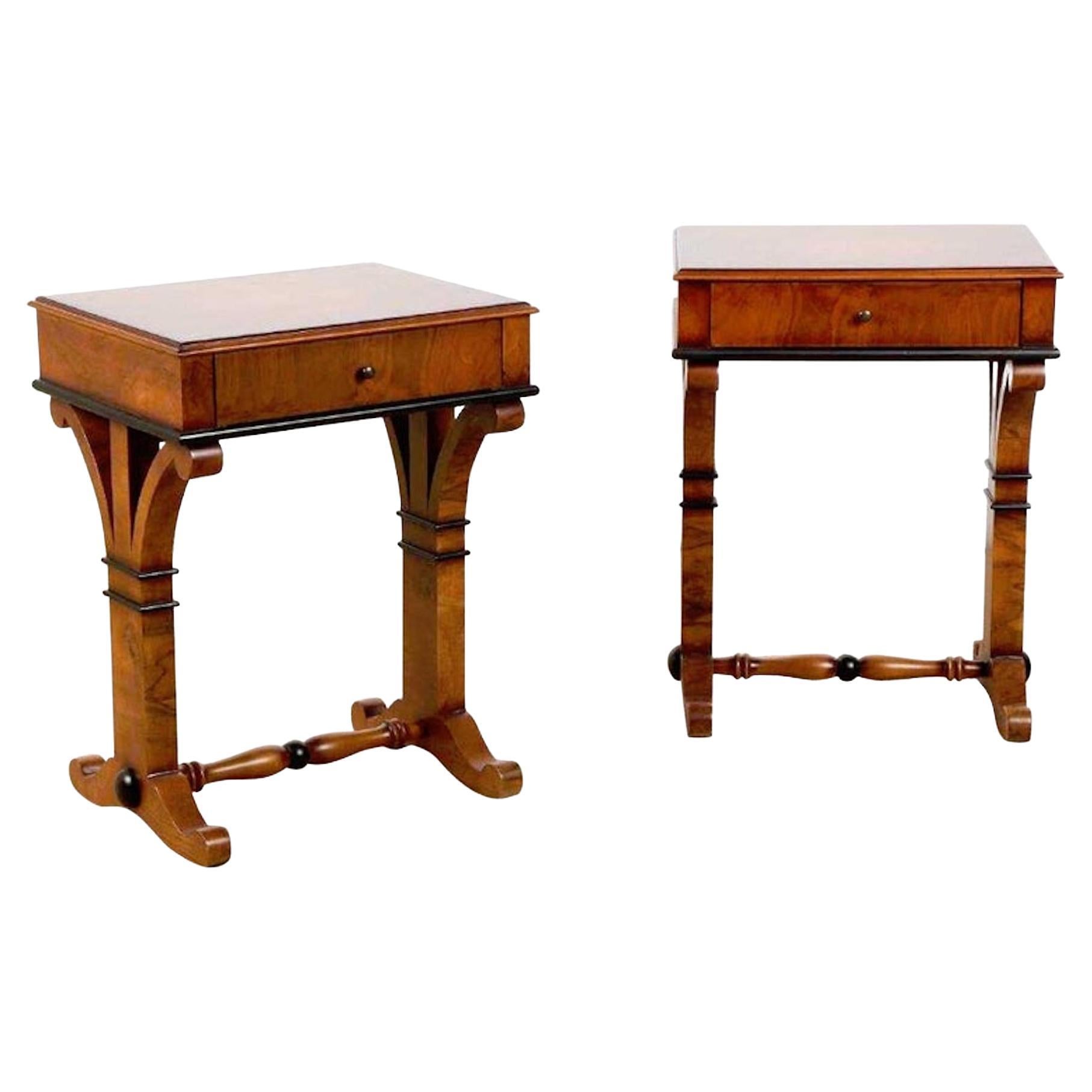 Pair of Biedermeier Style Burl & Ebonized End Tables or Nightstands