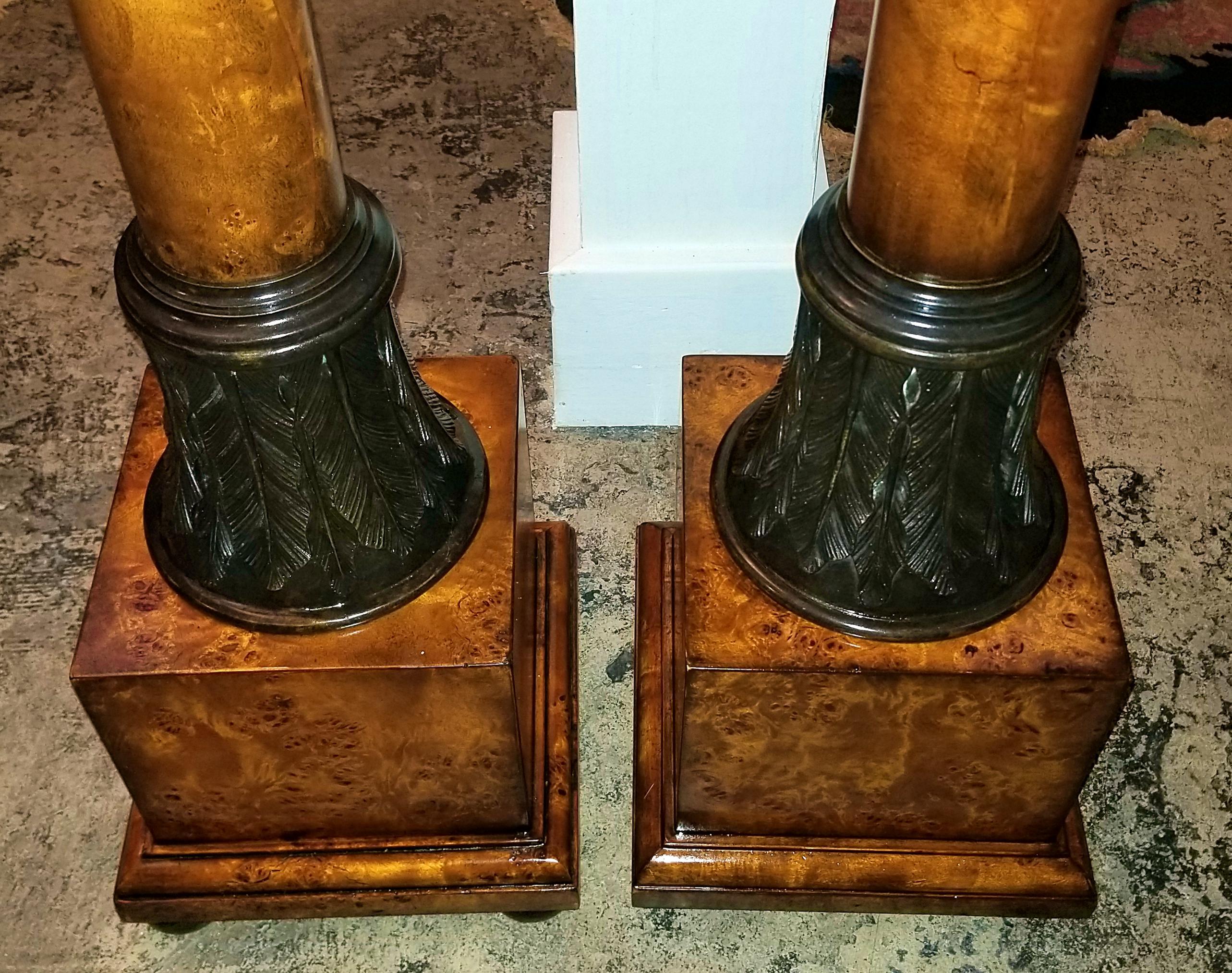 German Pair of Biedermeier Style Burlwood and Bronze Mounted Pedestals