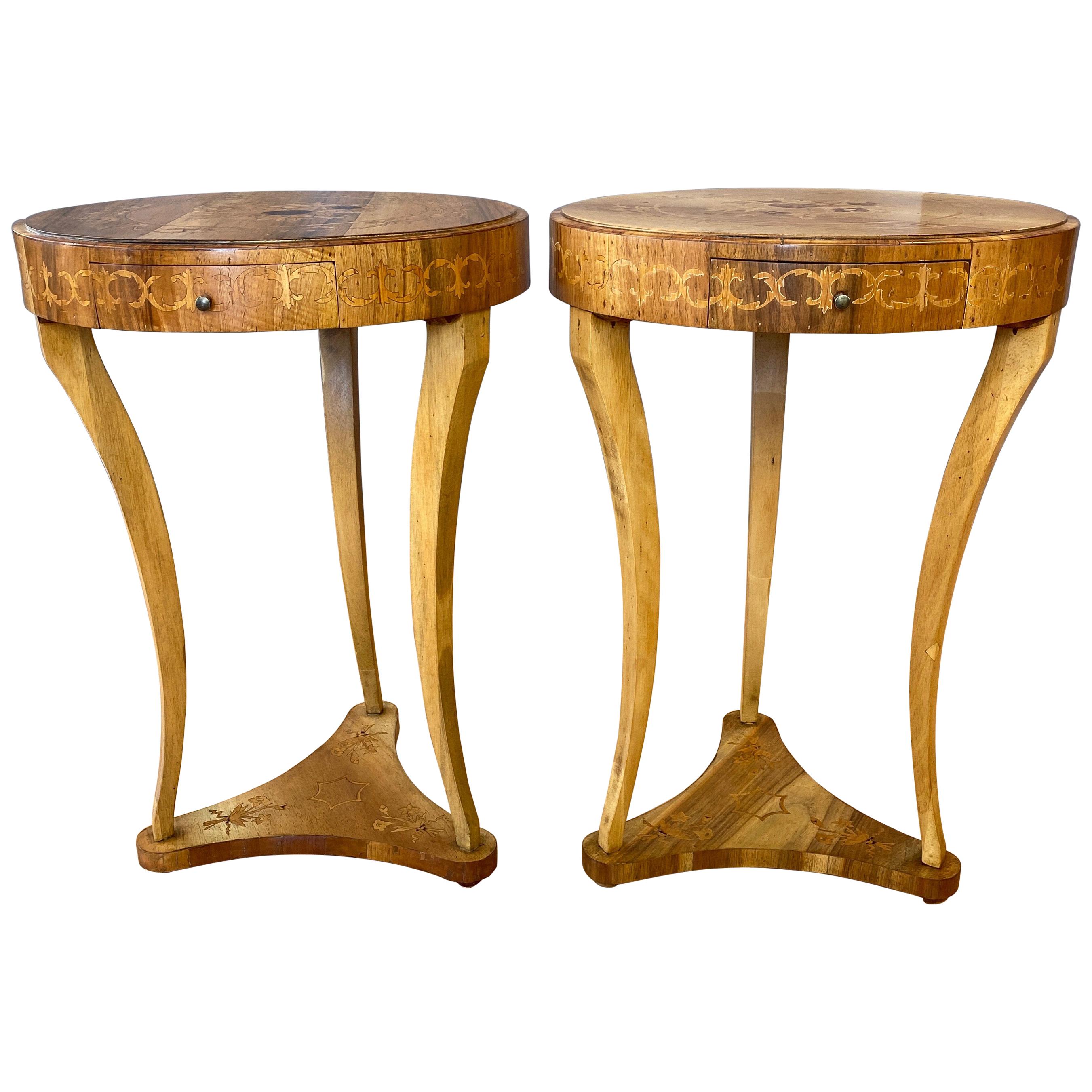 Pair of Biedermeier Style Italian Marquetry Side Tables, 1940s