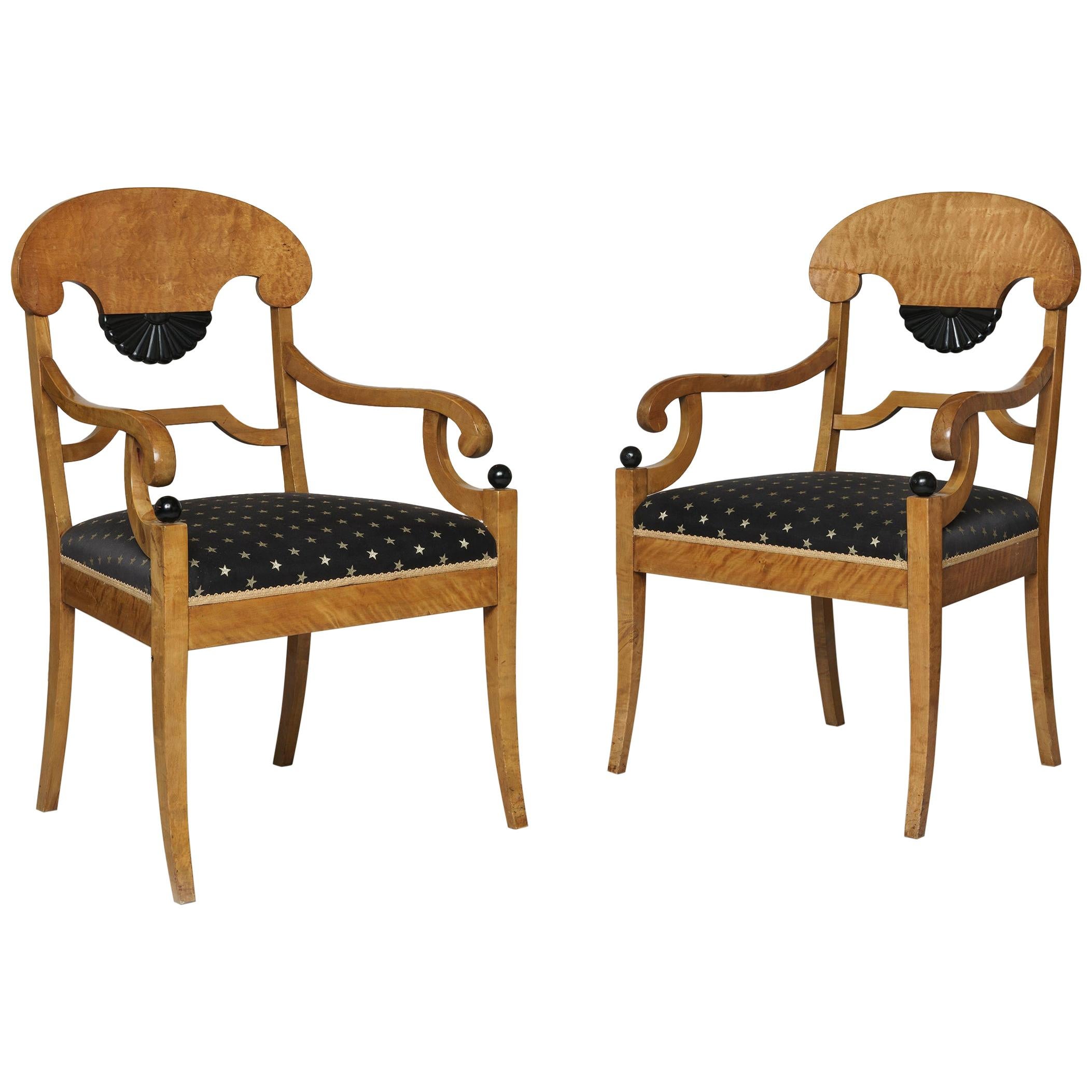 Pair of Biedermeier Style Satin Birchwood and Ebonized Armchairs