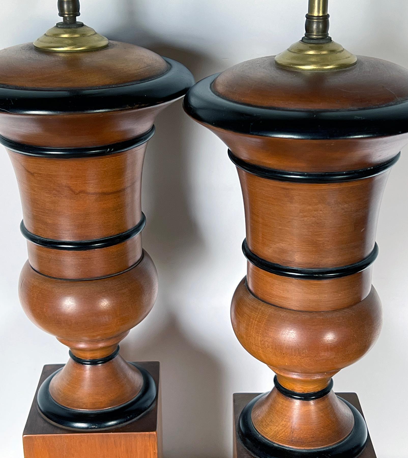 French Pair of Biedermeier Style Turned Mahogany Urn-form Lamps with Ebonized Highlight For Sale