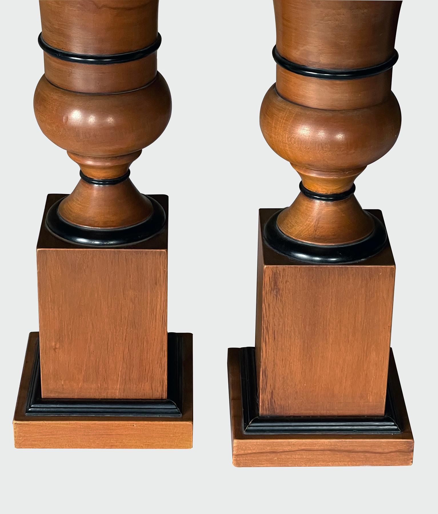 Pair of Biedermeier Style Turned Mahogany Urn-form Lamps with Ebonized Highlight In Good Condition For Sale In San Francisco, CA